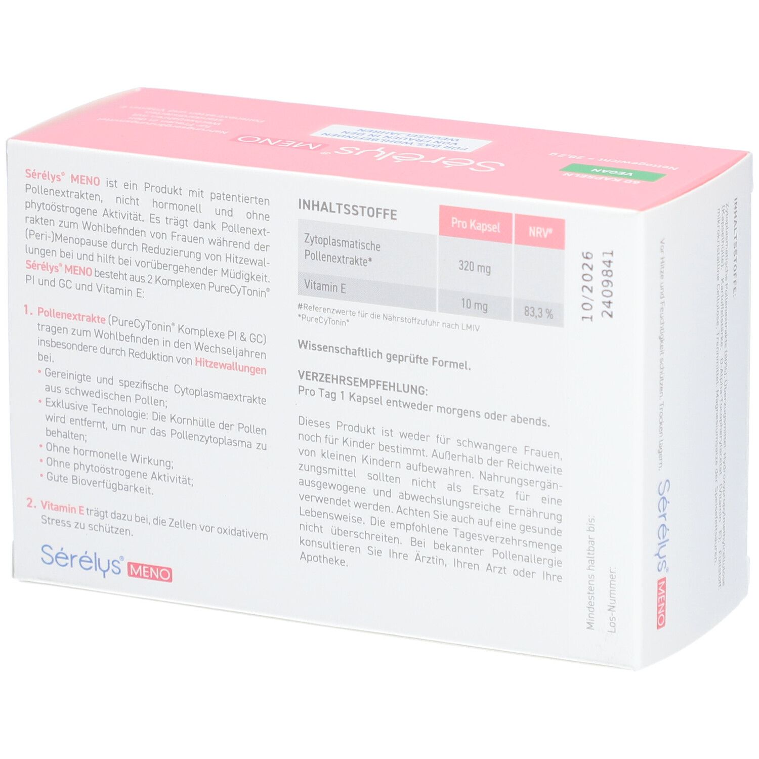 Weiße Schachtel mit Text und Inhaltsstoffen. "Sérélys Meno". Text: "Pro Tag 1 Kapsel". Enthält Pollenextrakte und Vitamin E.