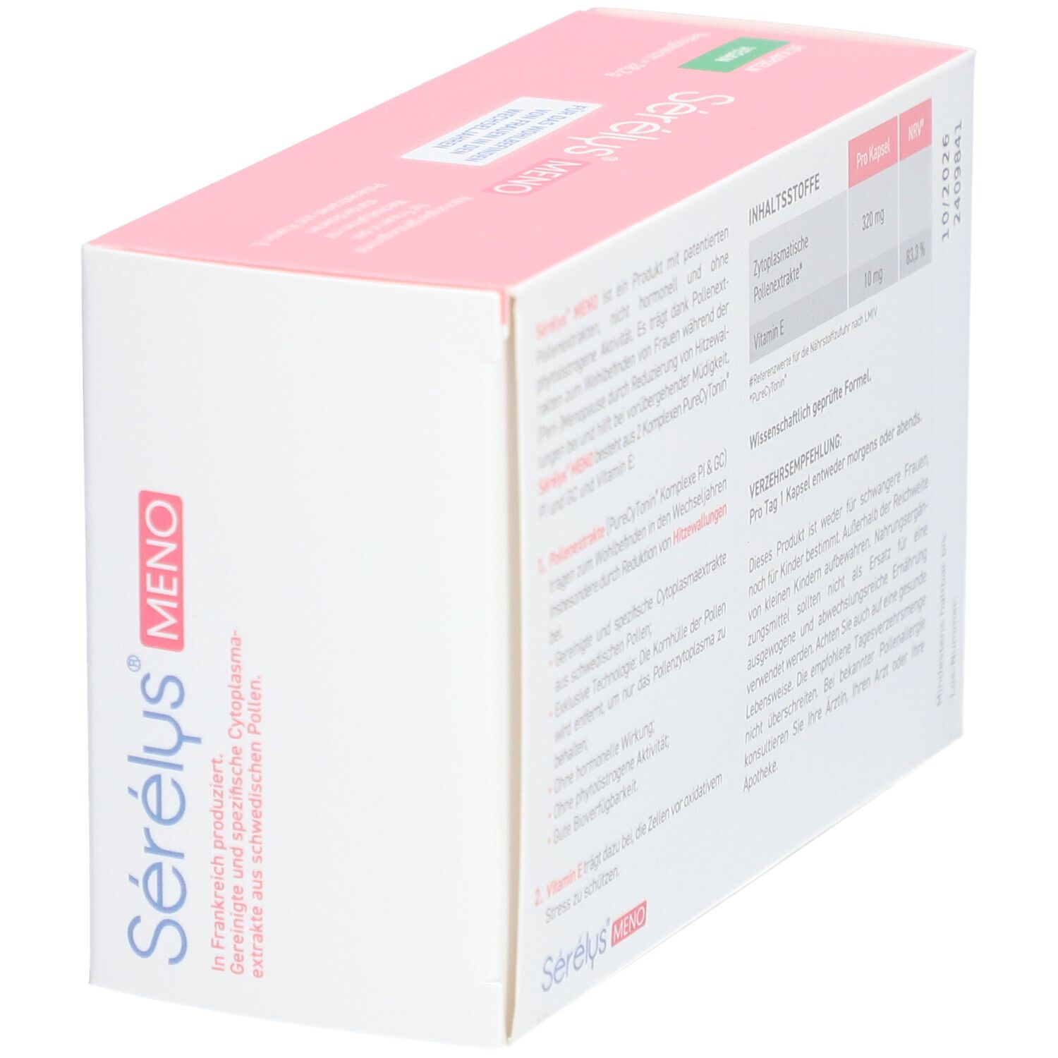 Schachtel "Sérélys Meno". Text: "Für das Wohlbefinden von Frauen in den Wechseljahren". Enthält Pollenextrakte und Vitamin E.