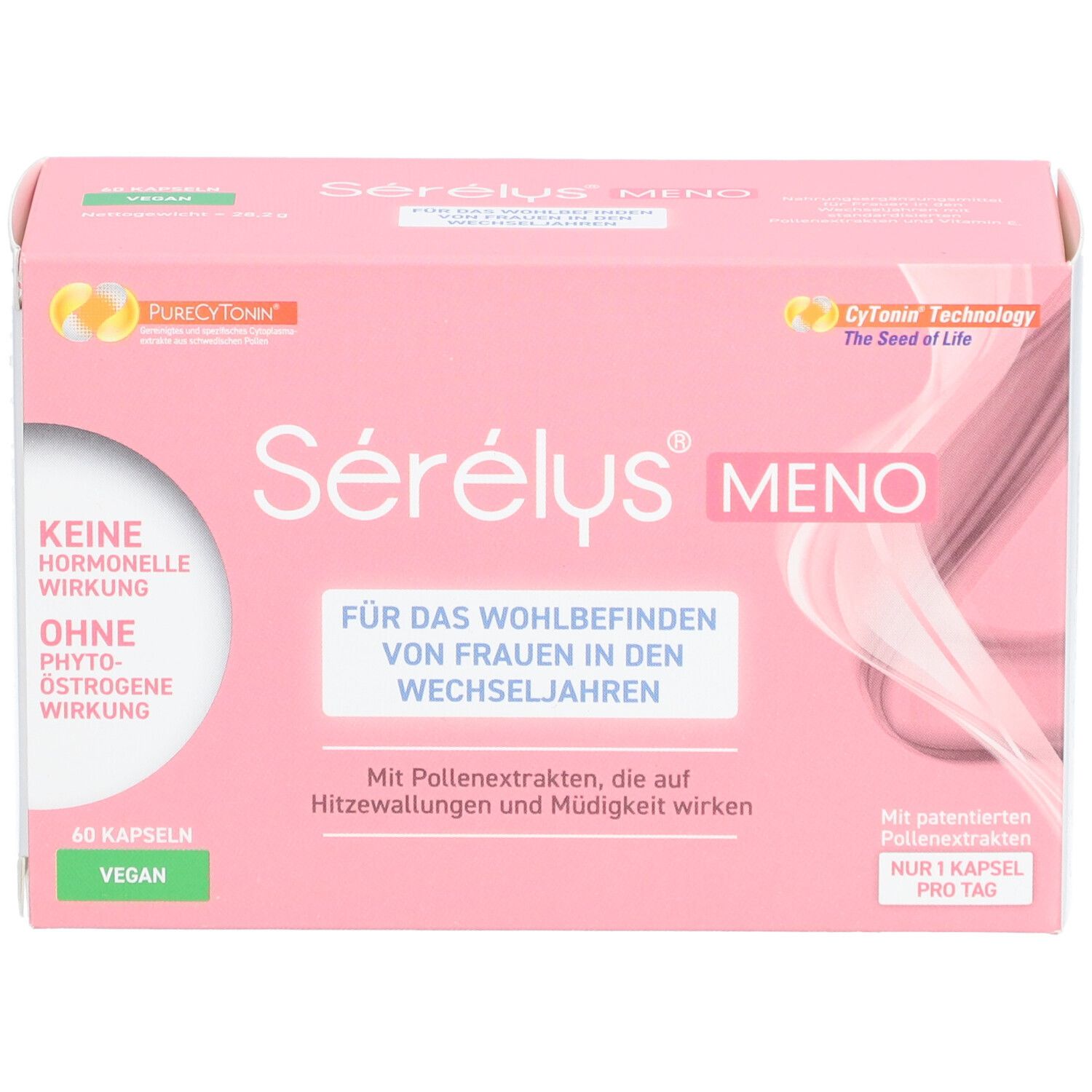 Rosa Schachtel "Sérélys Meno". Text: "Für das Wohlbefinden von Frauen in den Wechseljahren". 60 Kapseln, vegan.