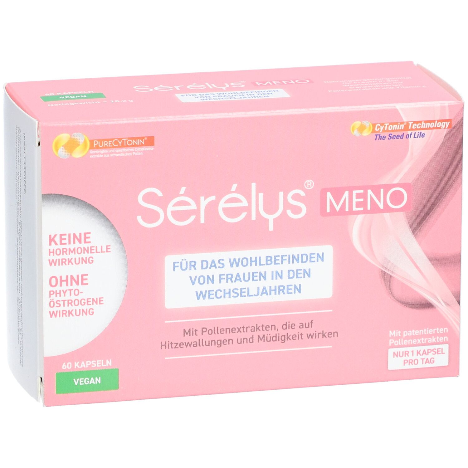 Rosa Schachtel "Sérélys Meno". Text: "Für das Wohlbefinden von Frauen in den Wechseljahren". 60 Kapseln, vegan.