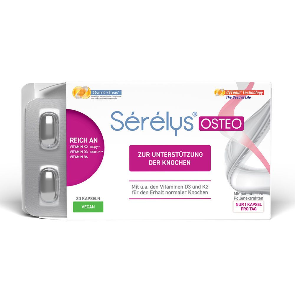 Sérélys OSTEO-Blisterpackung mit 2 Kapseln. Enthält Vitamin K2, D3 und B6. Vegan.