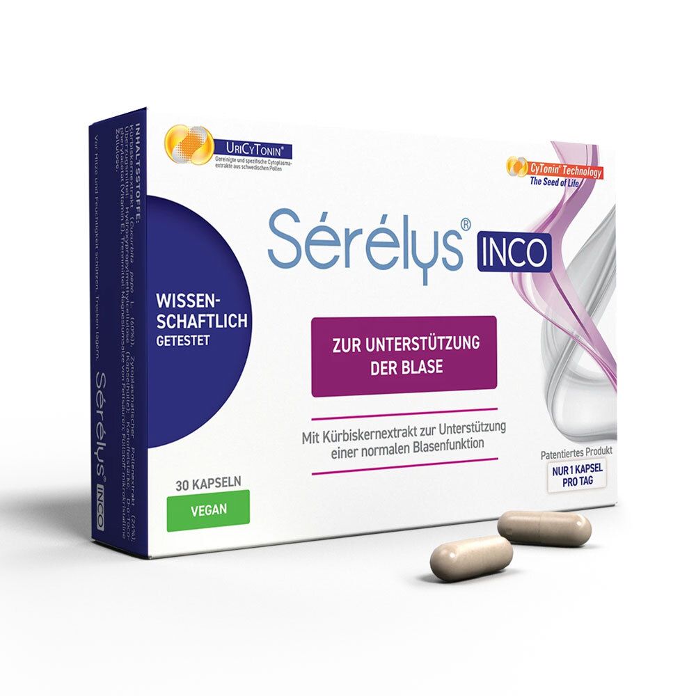 Sérélys INCO-Packung mit 30 Kapseln und zwei Kapseln daneben. Aufschrift: Zur Unterstützung der Blase. Vegan.