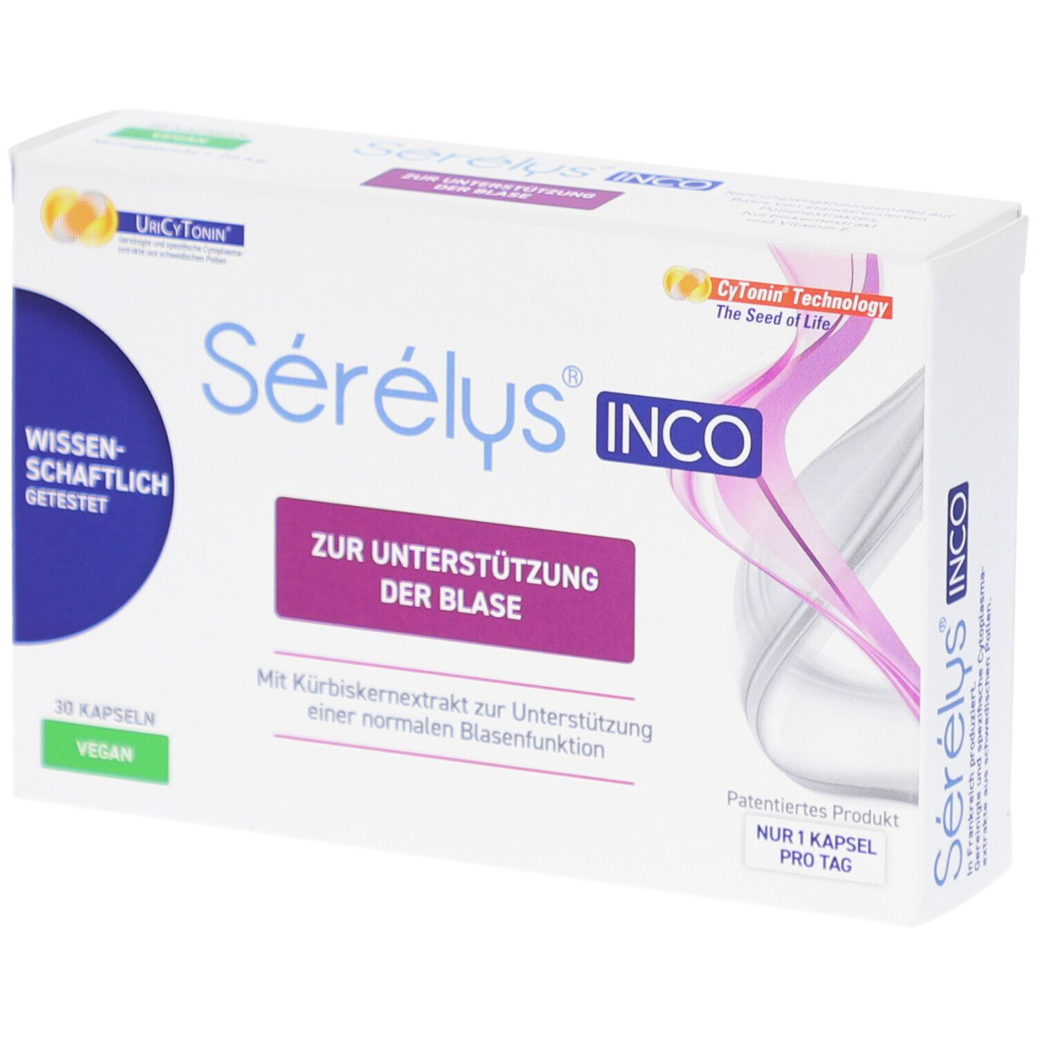 Weiße Schachtel mit Sérélys INCO. Aufschrift: Zur Unterstützung der Blase. 30 Kapseln. Vegan. Patentiertes Produkt.
