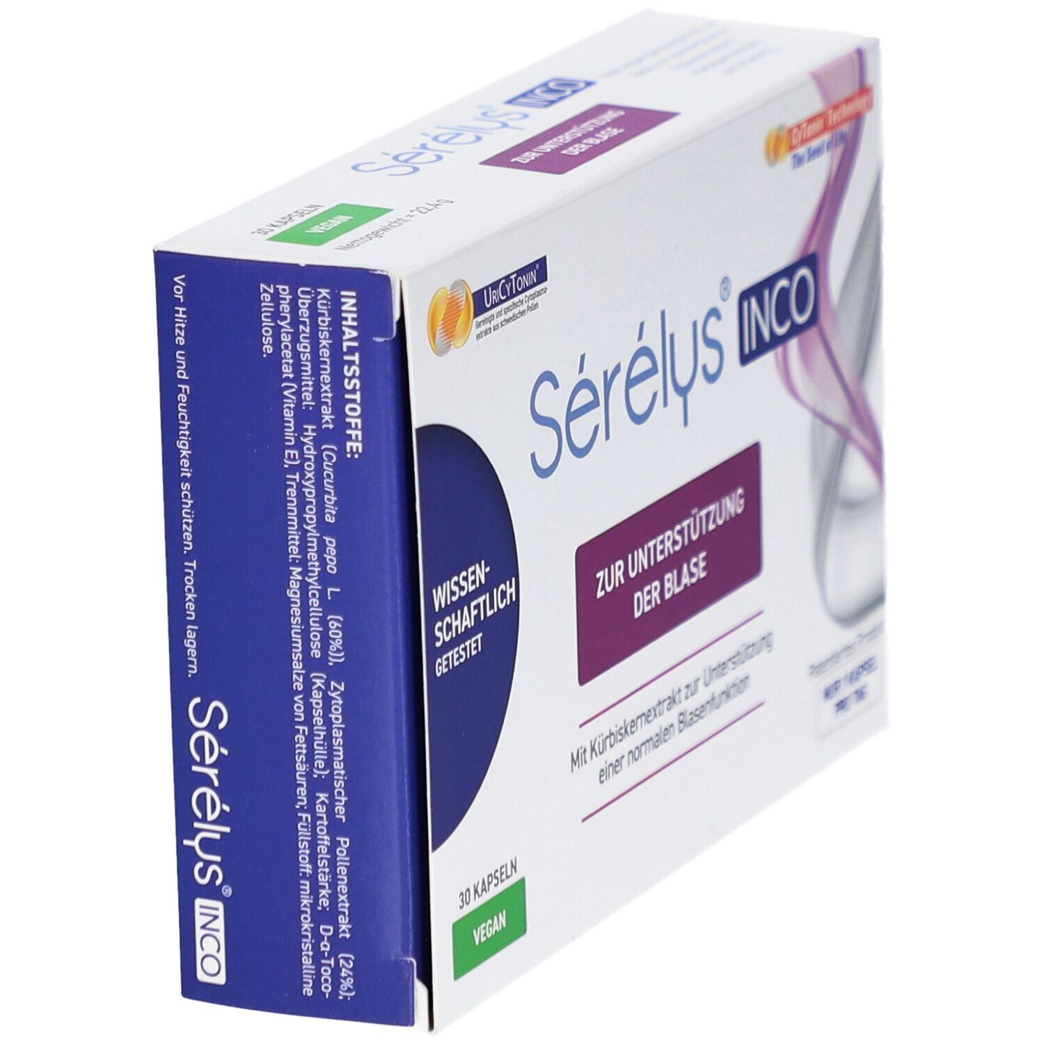Schachtel Sérélys INCO, seitlich. Aufschrift: Zur Unterstützung der Blase. 30 Kapseln. Inhaltsstoffe. Vegan.