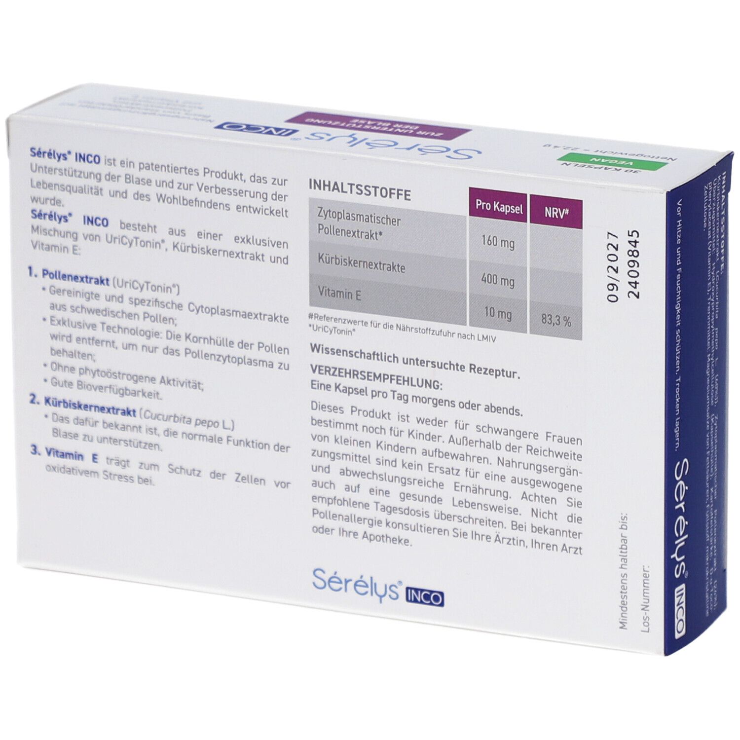 Rückseite der Sérélys INCO-Schachtel. Inhaltsstoffe, Verzehrempfehlung, Mindesthaltbarkeitsdatum. Text in Deutsch.