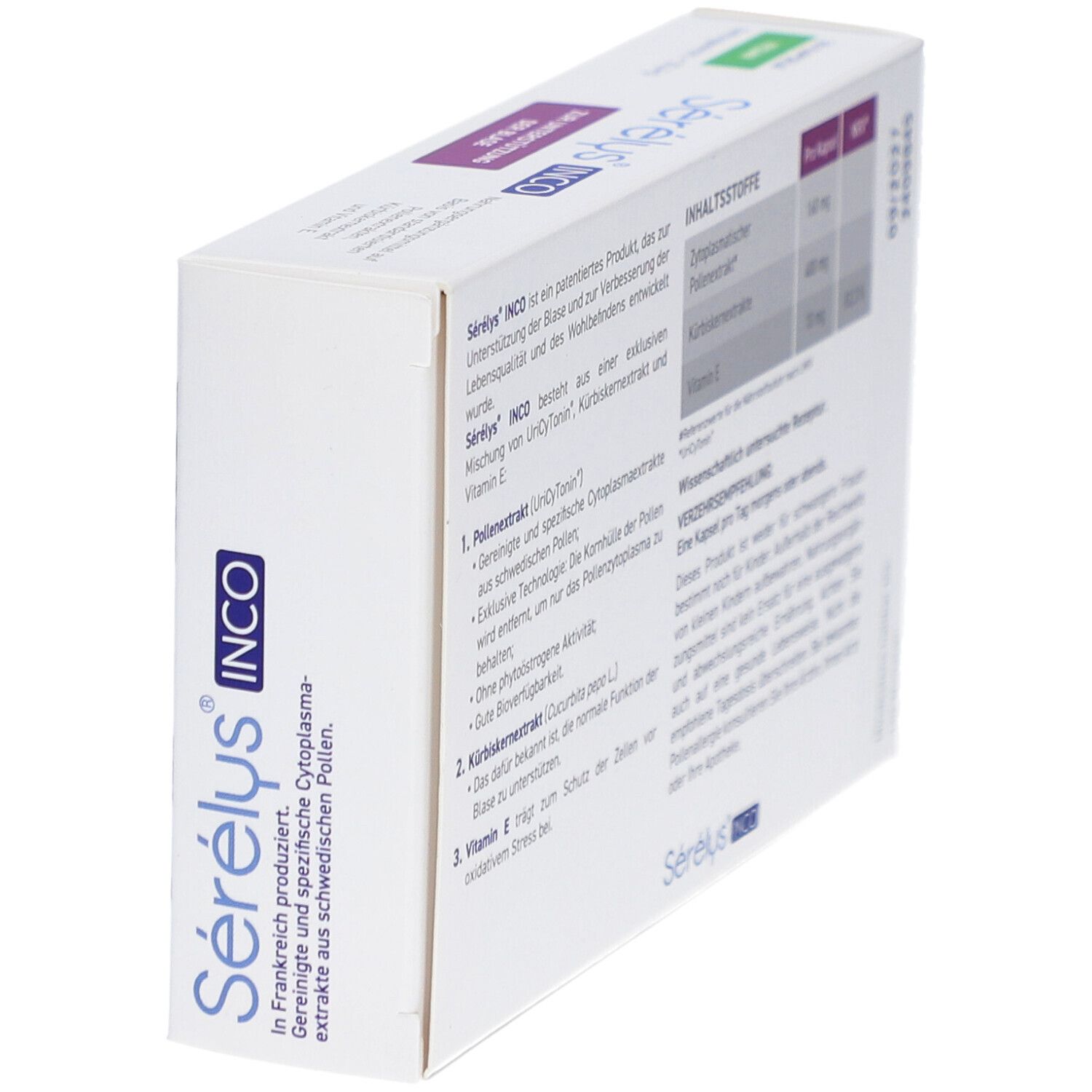 Sérélys INCO-Schachtel, schräg. Aufschrift: Inhaltsstoffe, Verzehrempfehlung. Text in Deutsch.