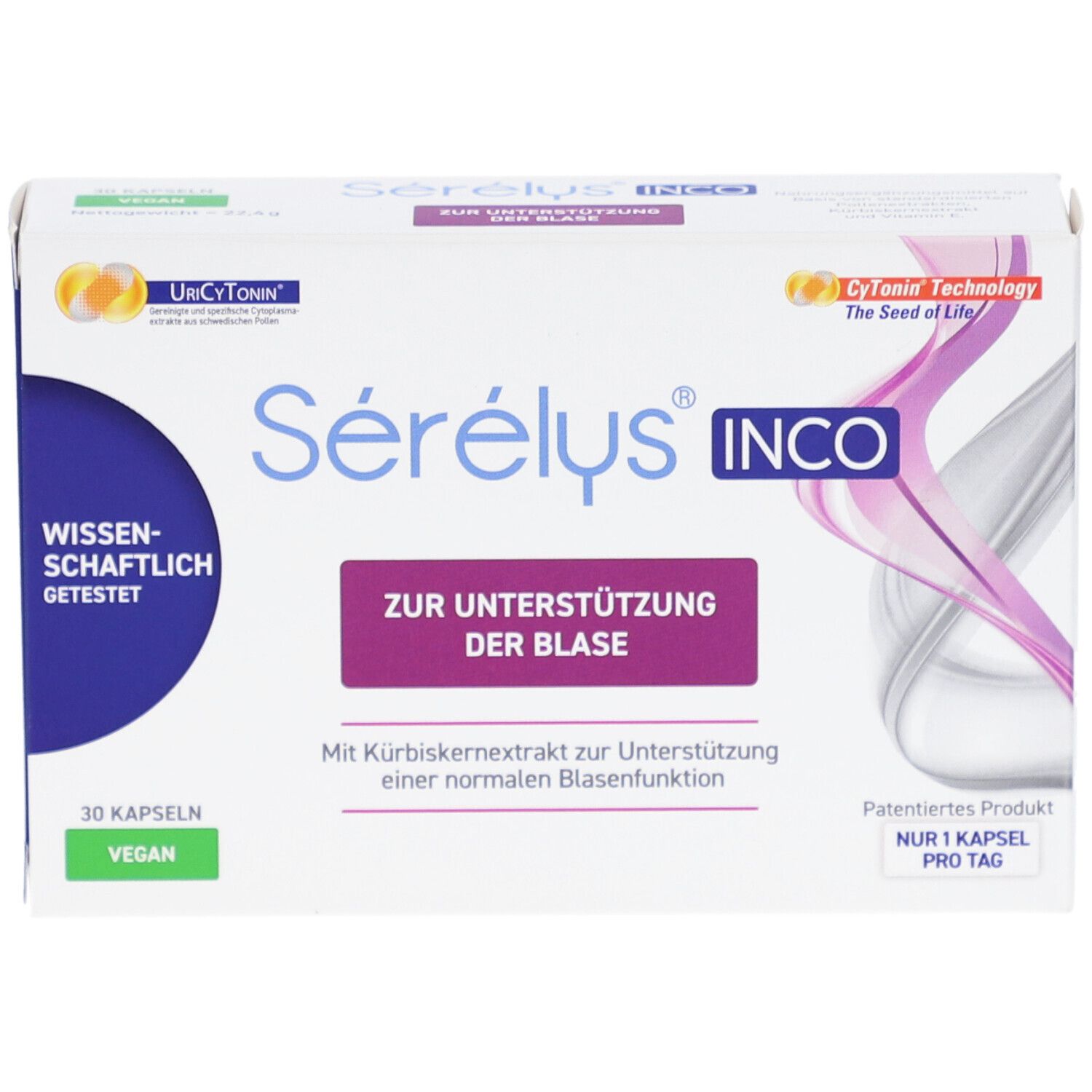 Weiße Schachtel mit Sérélys INCO. Aufschrift: Zur Unterstützung der Blase. 30 Kapseln. Vegan. Patentiertes Produkt.