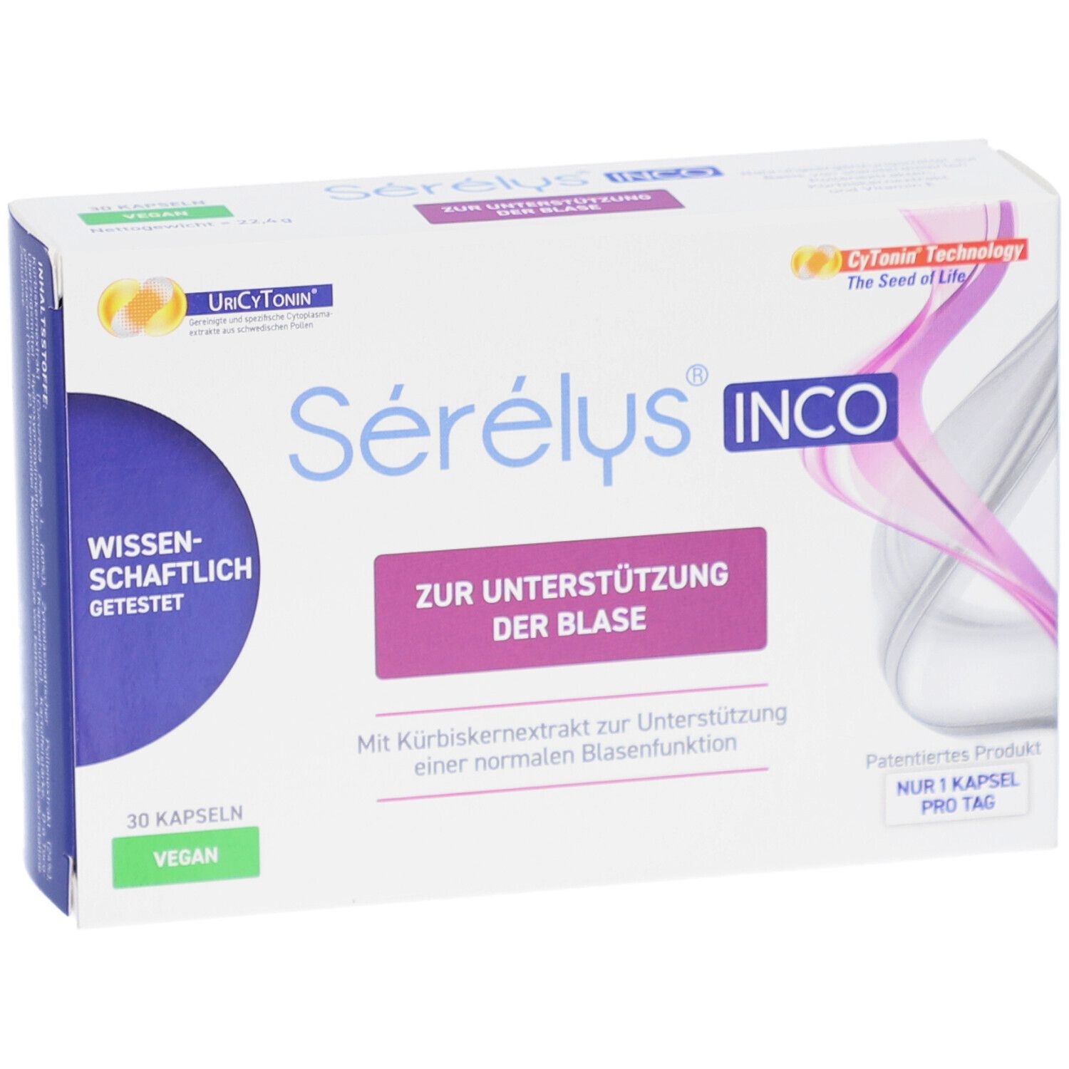 Weiße Schachtel mit Sérélys INCO. Aufschrift: Zur Unterstützung der Blase. 30 Kapseln. Vegan. Patentiertes Produkt.