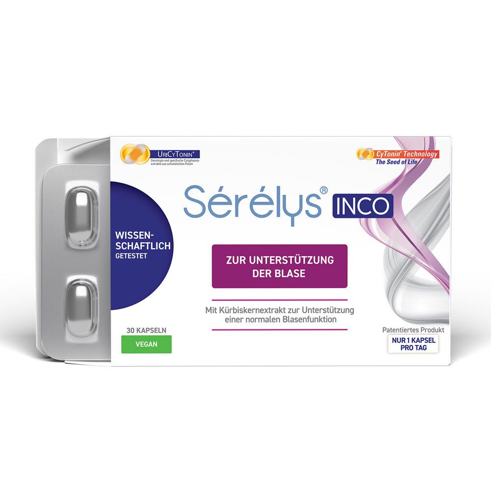 Sérélys INCO-Packung mit 30 Kapseln und Blisterpackung mit zwei Kapseln. Aufschrift: Zur Unterstützung der Blase. Vegan.