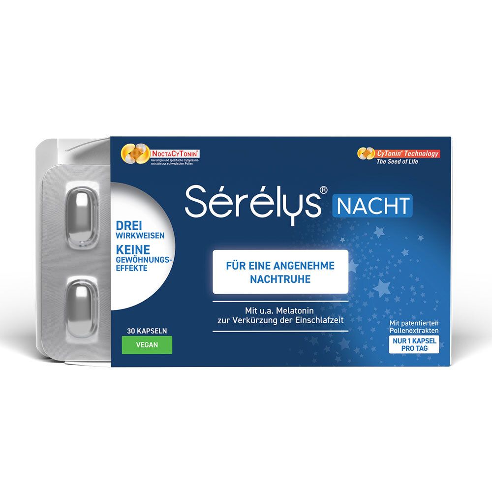 Blisterpackung mit Kapseln und Produktverpackung von Sérélys NACHT. Blaue Verpackung mit weißen Schriftzügen und 2 Kapseln.