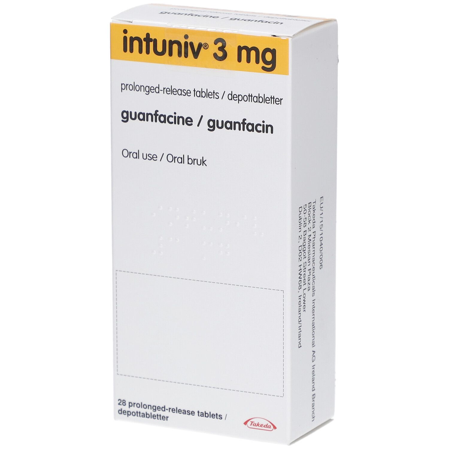 Schachtel mit INTUNIV 3 mg Retardtabletten. Gelb-weiße Verpackung mit Produktnamen und Inhaltsstoffen.