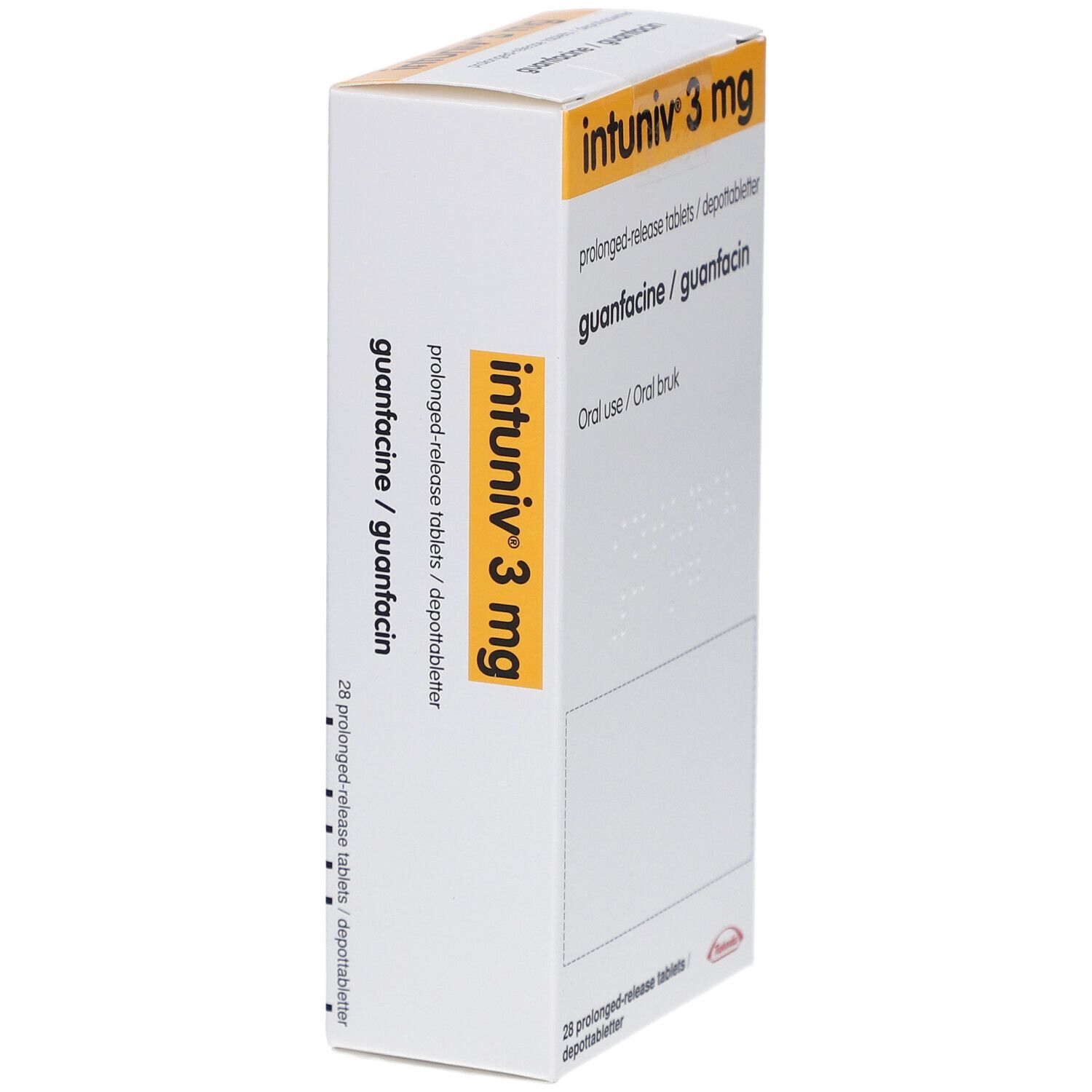 Schachtel INTUNIV 3 mg, schräg. Gelb-weiße Verpackung mit Produktnamen und Inhaltsstoffen.