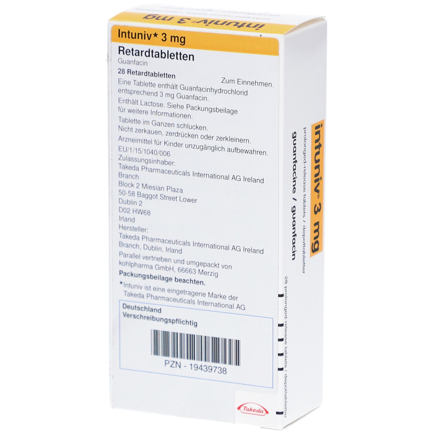 Rückseite der INTUNIV 3 mg Schachtel. Enthält Informationen zu Inhaltsstoffen, Dosierung und Hersteller.