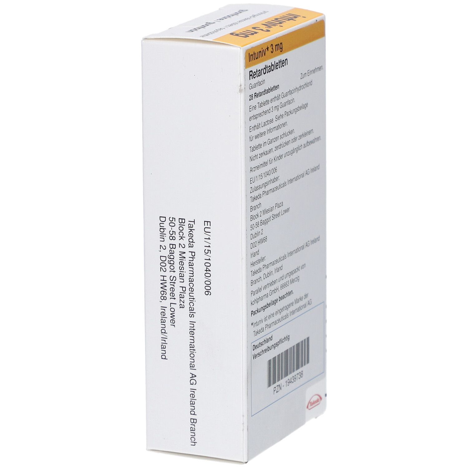 Schachtel INTUNIV 3 mg, schräg. Rückseite mit Informationen zu Inhaltsstoffen, Dosierung und Hersteller.