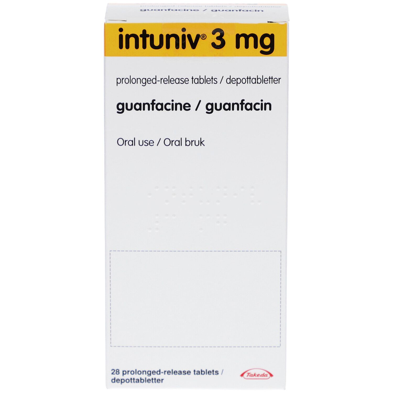 Vorderseite der INTUNIV 3 mg Schachtel. Gelb-weiße Verpackung mit Produktnamen und Inhaltsstoffen.