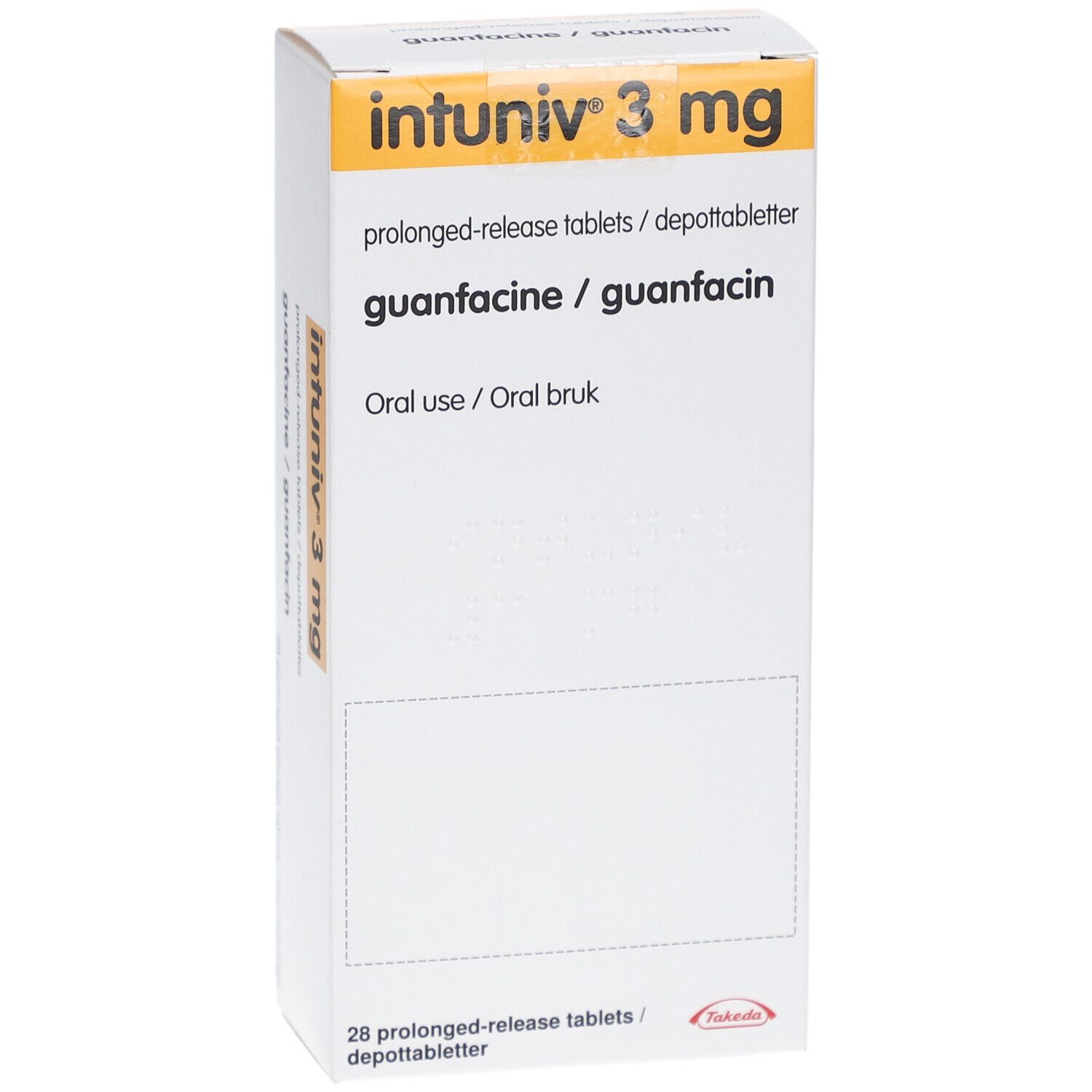Vorderseite der INTUNIV 3 mg Schachtel. Gelb-weiße Verpackung mit Produktnamen und Inhaltsstoffen.