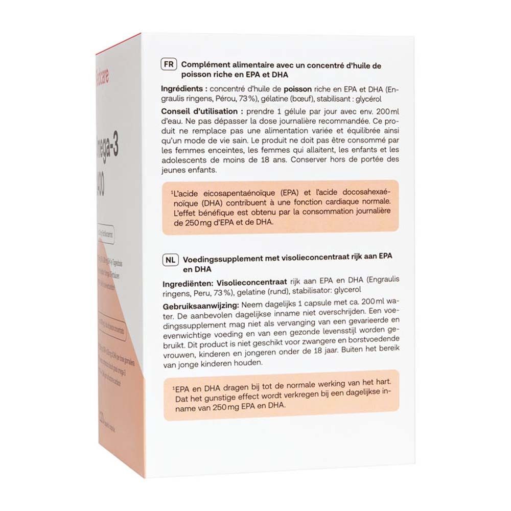 Rückseite der Redcare Omega-3 1400 Kapseln Verpackung. Text in Deutsch, Informationen zum Produkt.