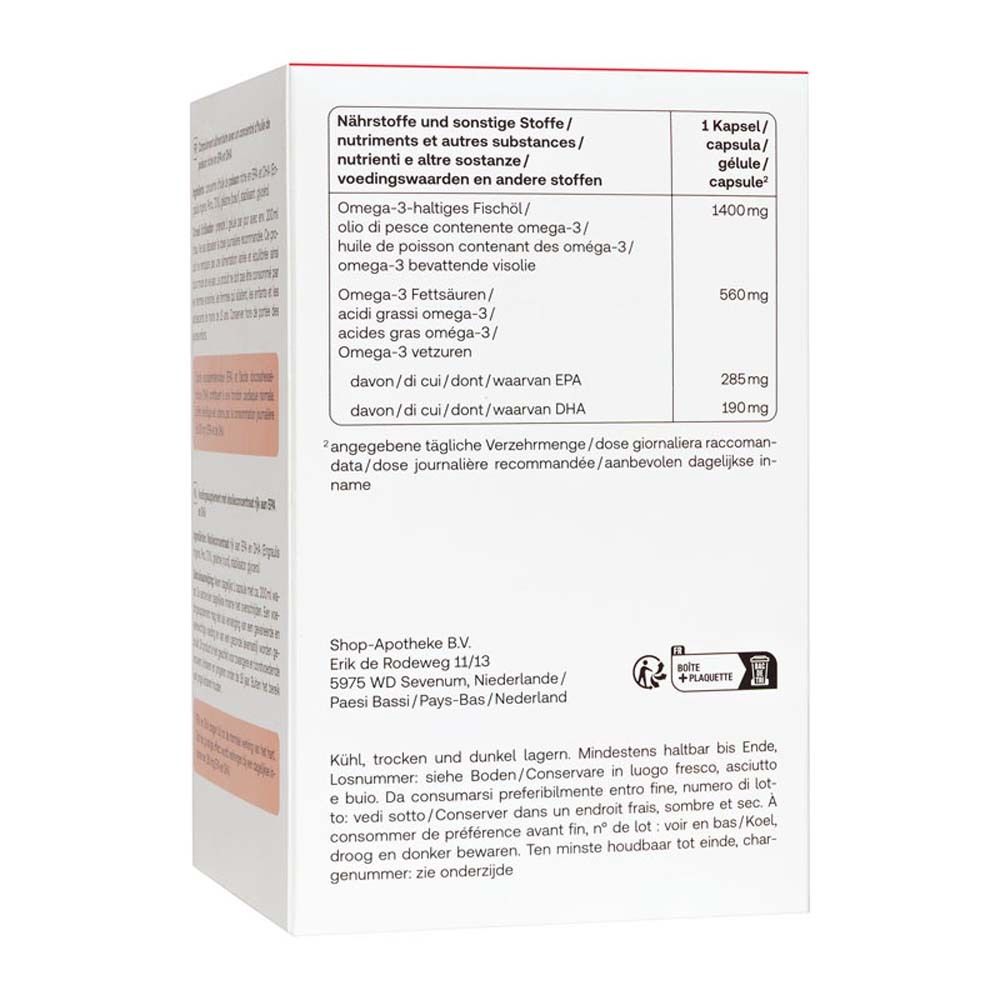 Rückseite der Redcare Omega-3 1400 Kapseln Verpackung. Text in Deutsch, Inhaltsstoffe und Nährwerte.