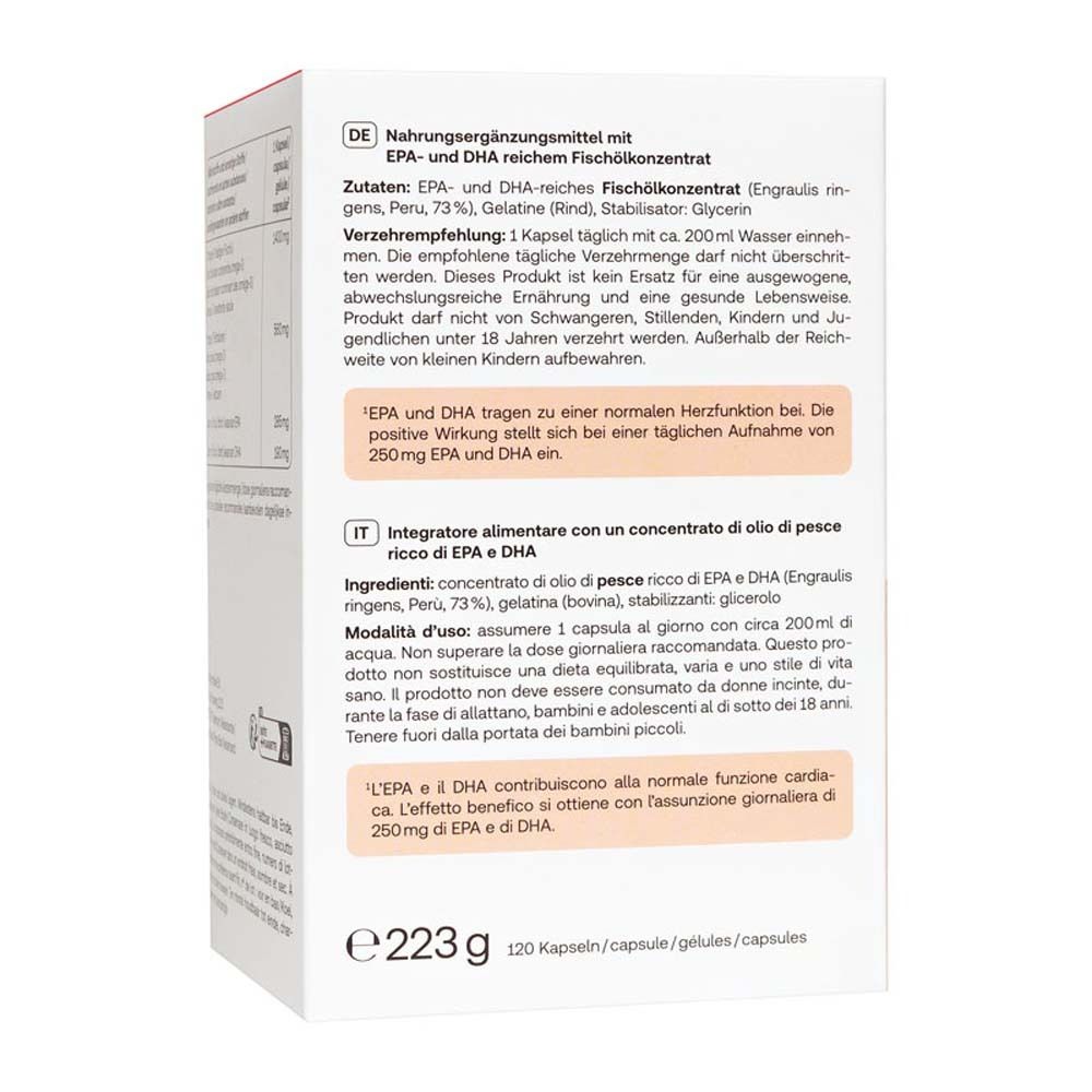 Rückseite der Redcare Omega-3 1400 Kapseln Verpackung. Text in Deutsch und Italienisch.