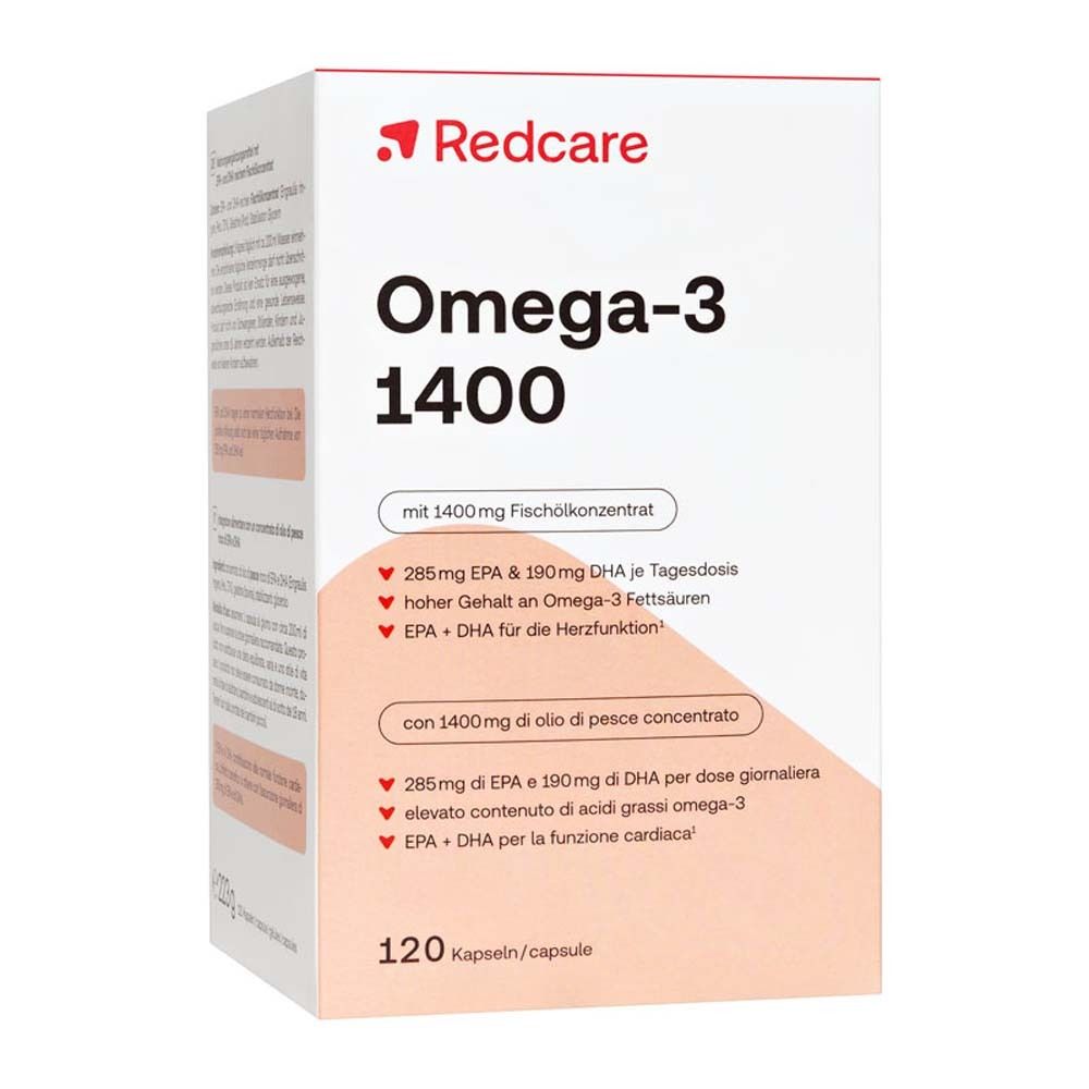 Redcare Omega-3 1400 Kapseln. Weiße Verpackung mit Produktinformationen und dem Redcare-Logo.