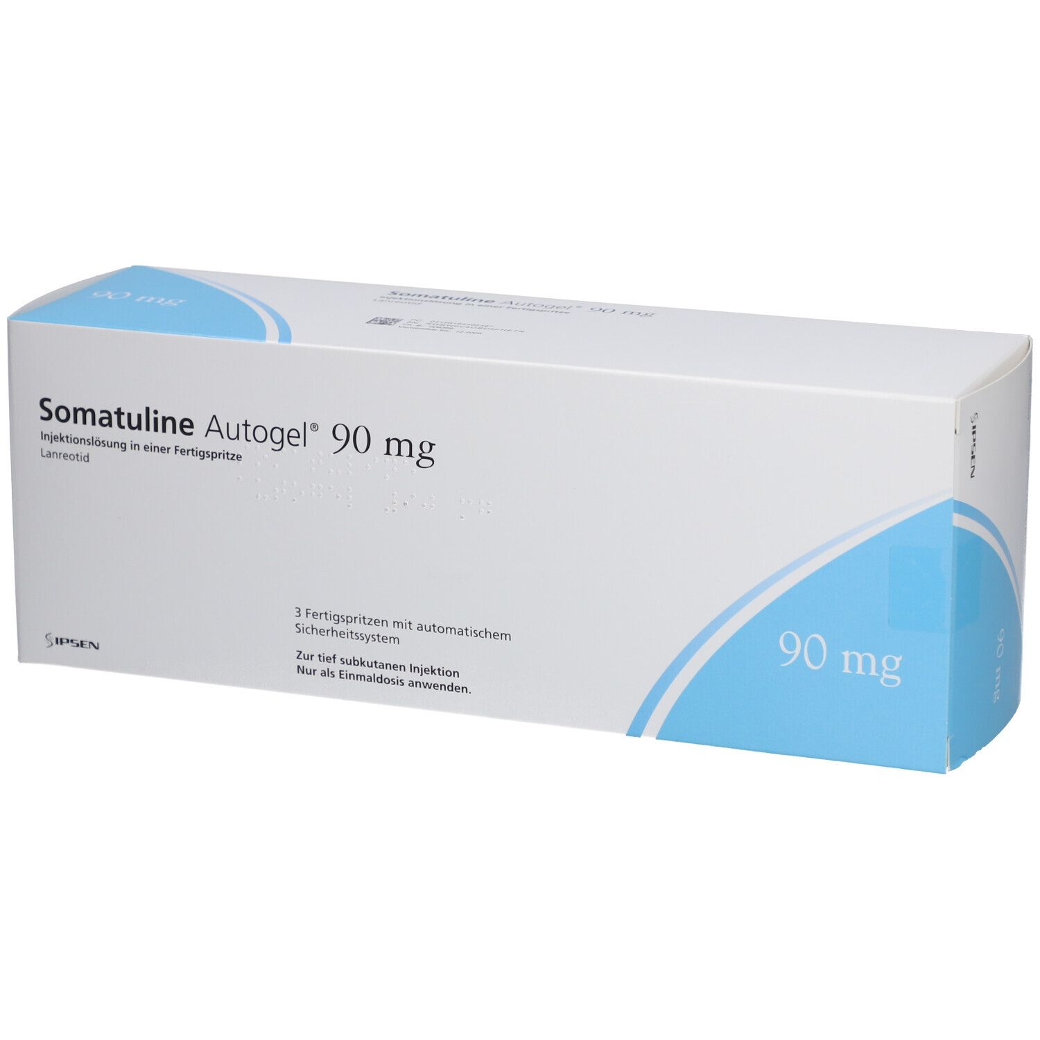 Karton mit SOMATULINE Autogel 90 mg. Blaue und weiße Verpackung. Text: Injektionslösung in einer Fertigspritze.