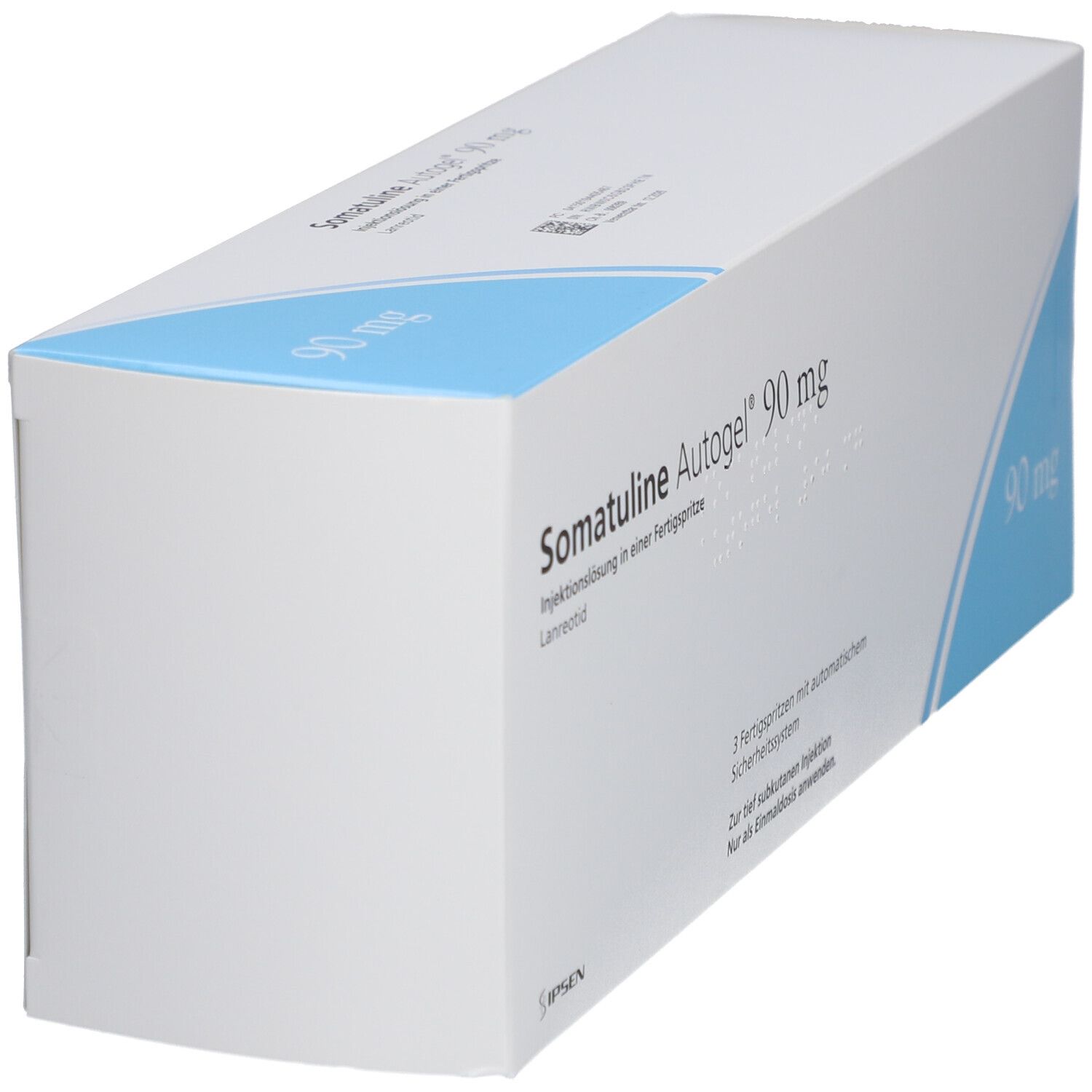 Schräg gestellte Verpackung von SOMATULINE Autogel 90 mg. Blaue und weiße Verpackung. Text: Injektionslösung in einer Fertigspritze.