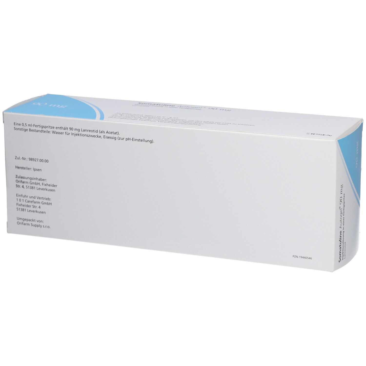 Rückseite der SOMATULINE Autogel 90 mg Verpackung. Text: 0,5 ml Fertigspritze enthält 90 mg Lanreotid (als Acetat).