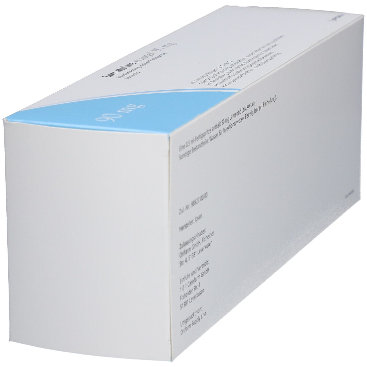 Schräg gestellte Rückseite der SOMATULINE Autogel 90 mg Verpackung. Text: 0,5 ml Fertigspritze enthält 90 mg Lanreotid (als Acetat).