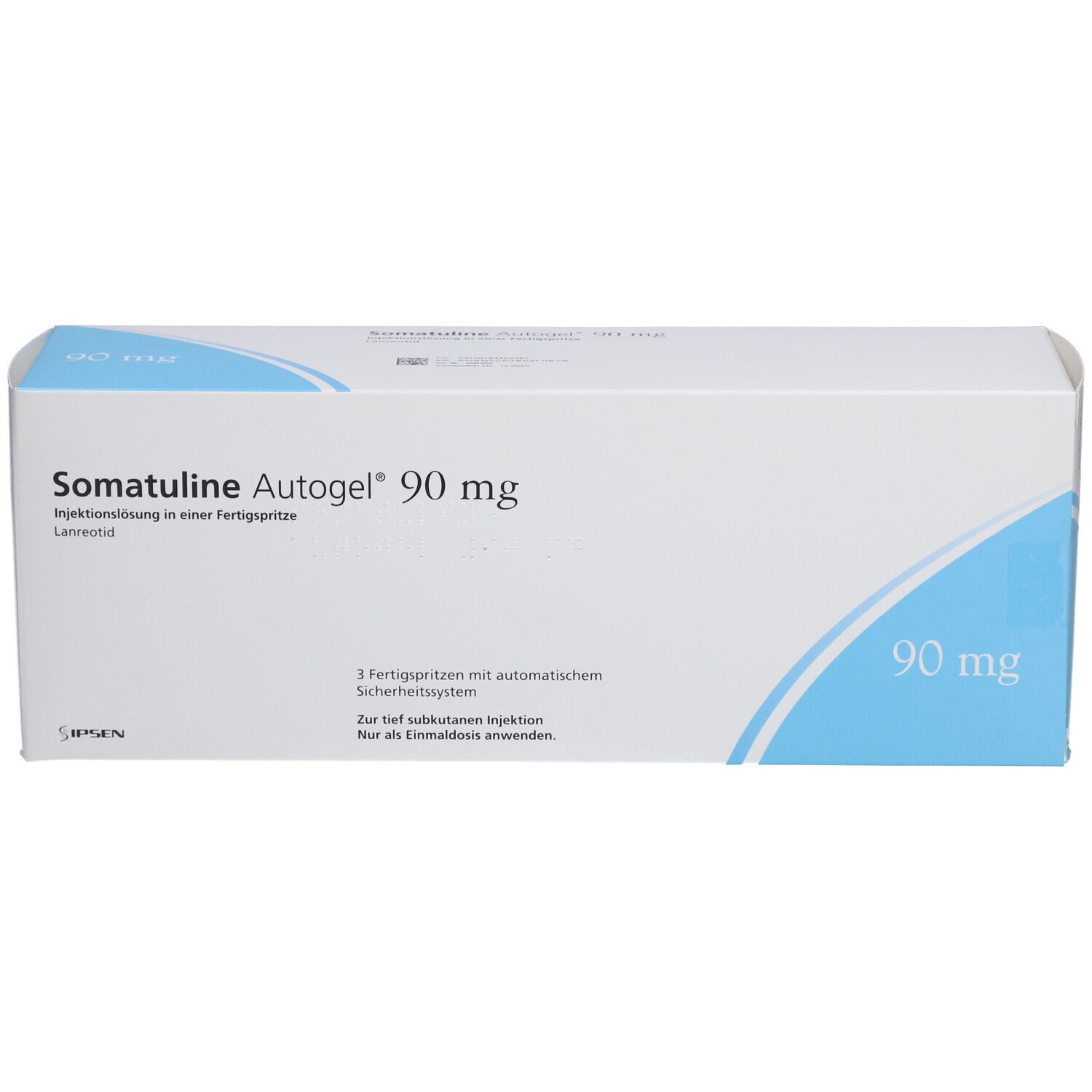 SOMATULINE Autogel 90 mg Verpackung. Text: Injektionslösung in einer Fertigspritze. 3 Fertigspritzen mit automatischem Sicherheitssystem.