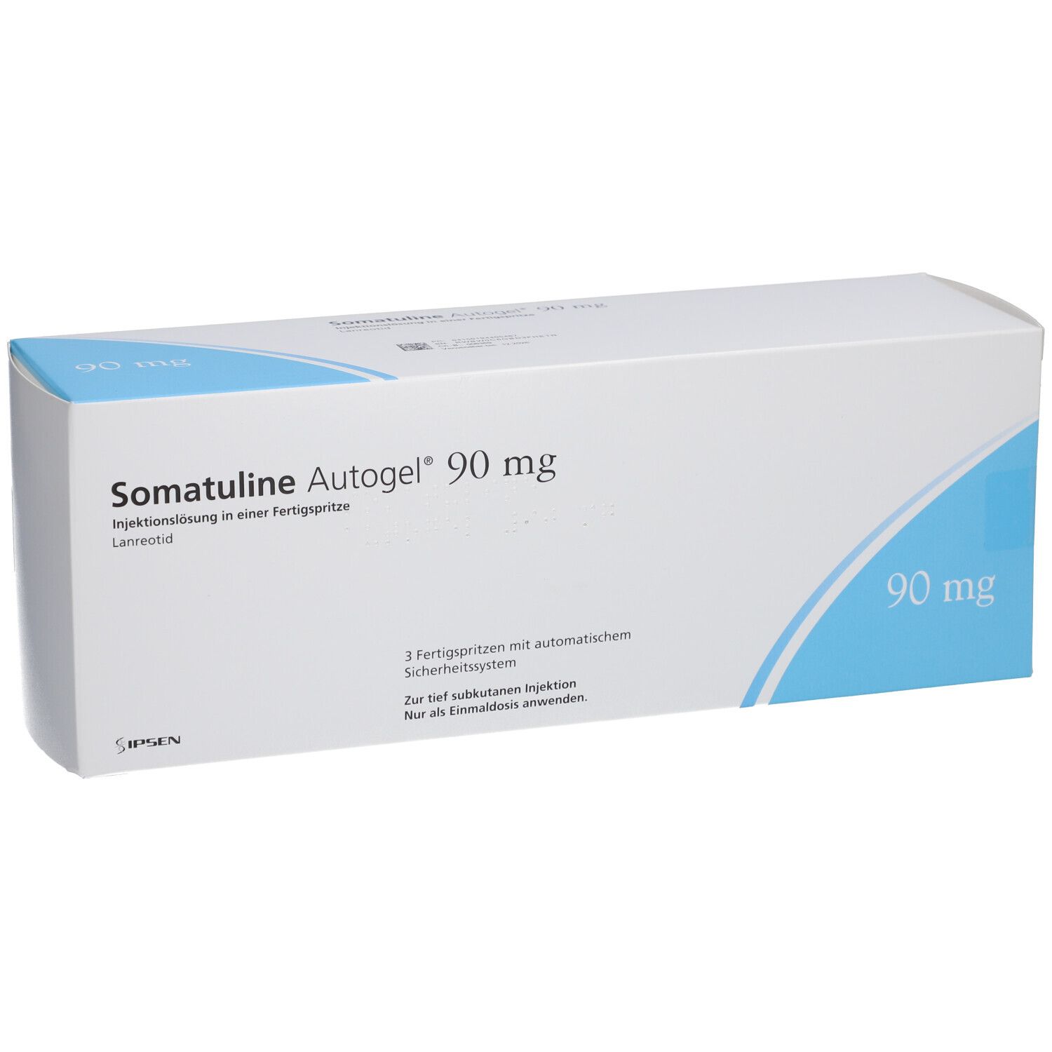 SOMATULINE Autogel 90 mg Verpackung. Text: Injektionslösung in einer Fertigspritze. 3 Fertigspritzen mit automatischem Sicherheitssystem.