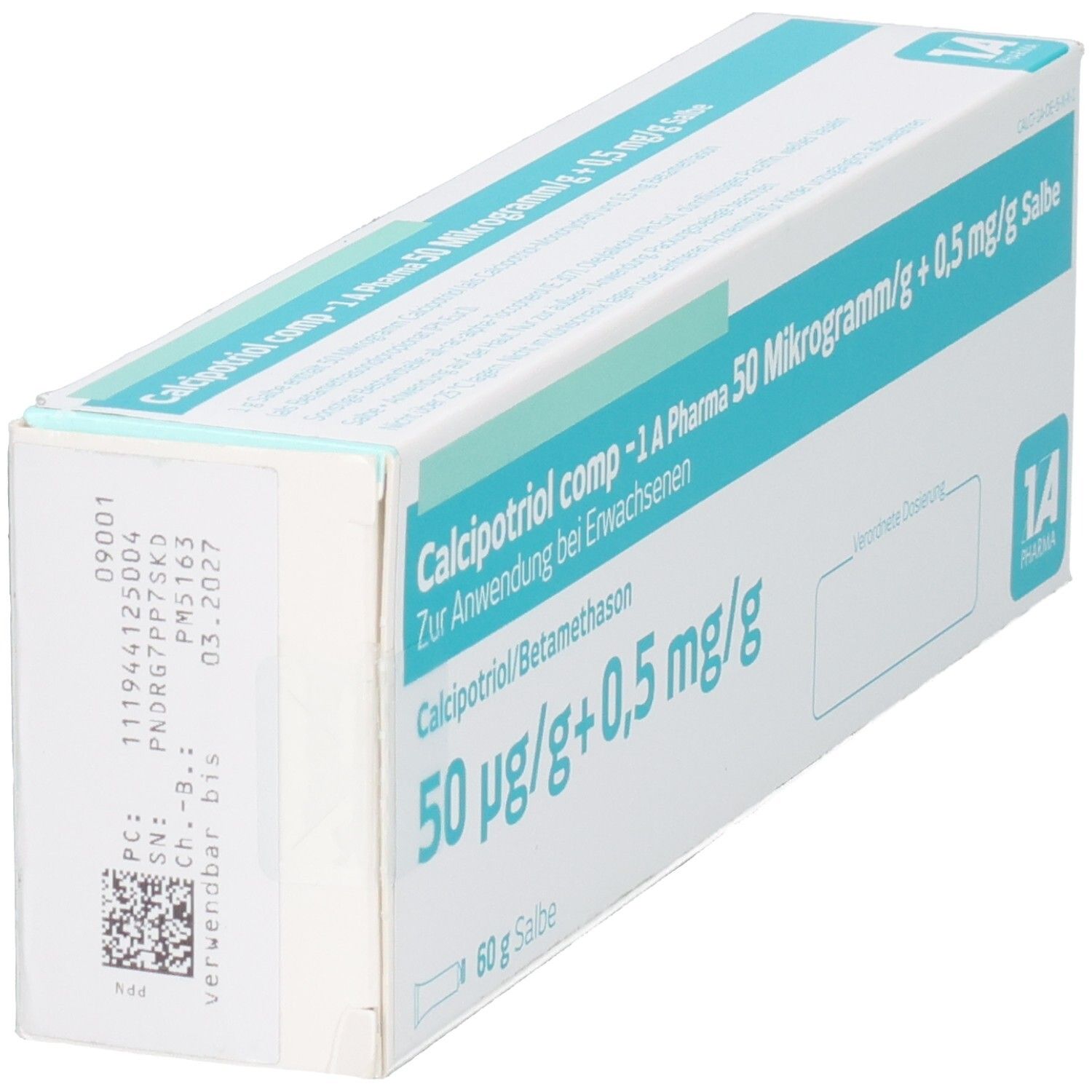 Packung Calcipotriol comp -1A Pharma Salbe 50 µg/g + 0,5 mg/g, 60 g. Mit Chargennummer und Verfallsdatum.