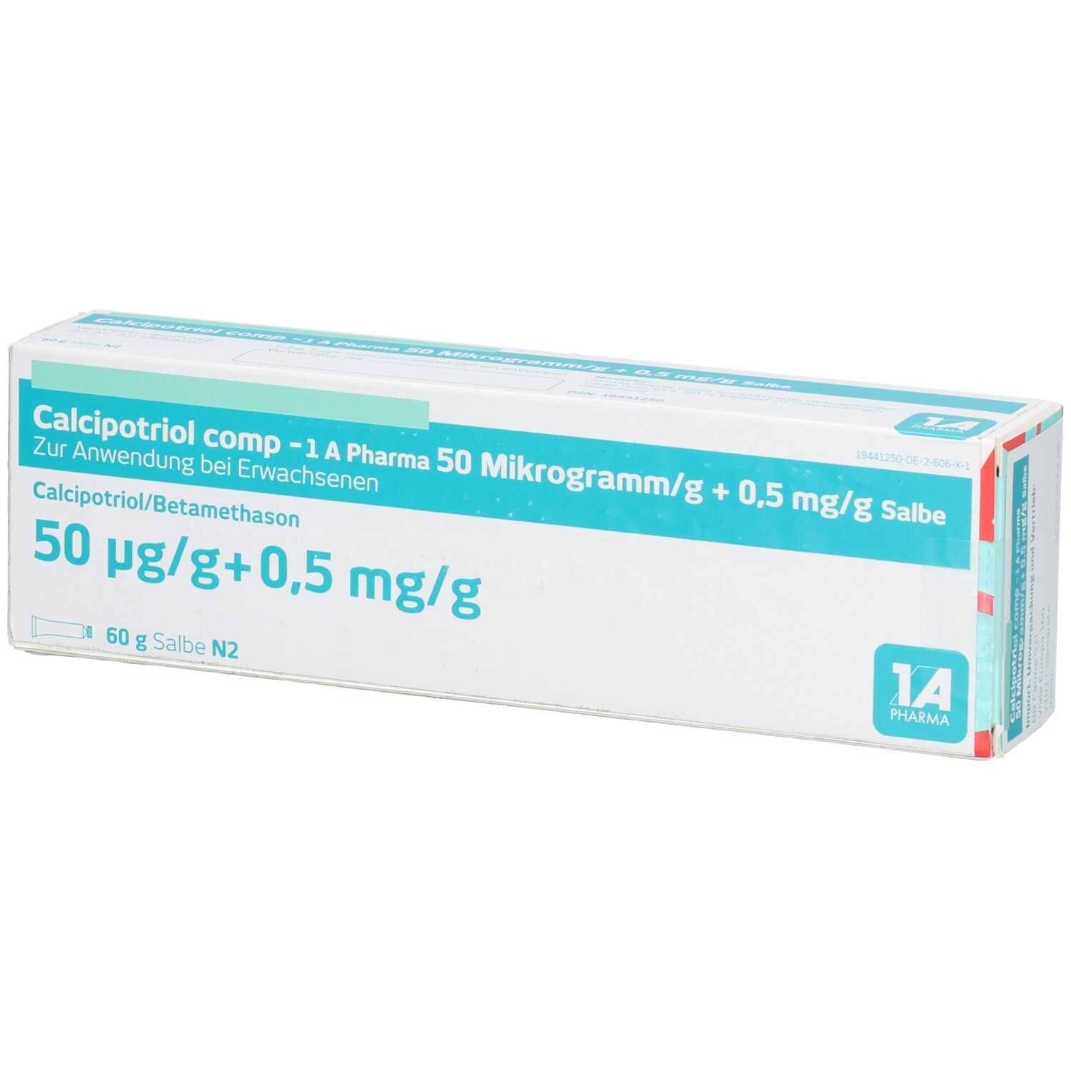 Packung Calcipotriol comp -1A Pharma Salbe 50 µg/g + 0,5 mg/g, 60 g. Mit N2 Kennzeichnung.
