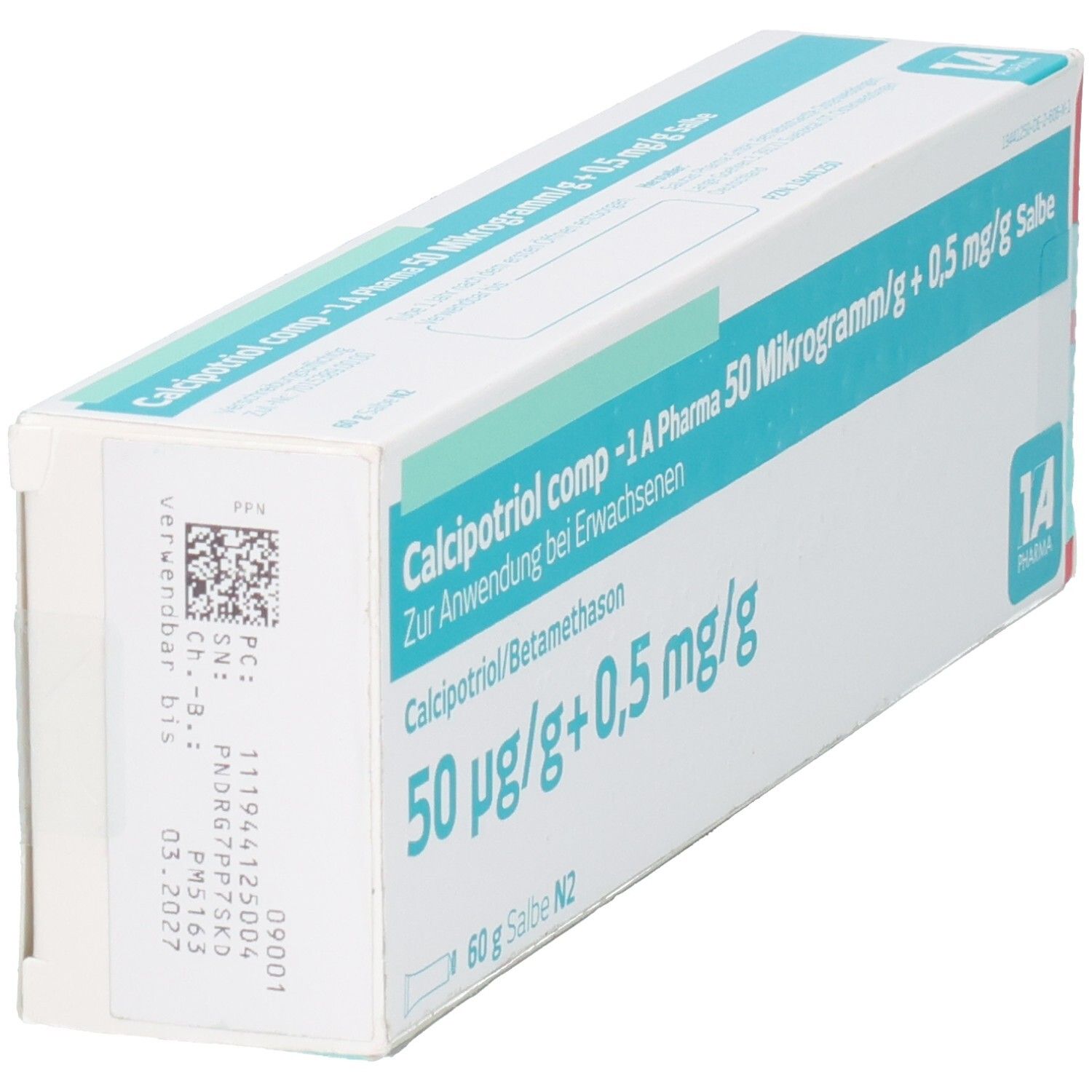 Packung Calcipotriol comp -1A Pharma Salbe 50 µg/g + 0,5 mg/g, 60 g. Mit Chargennummer und Verfallsdatum.