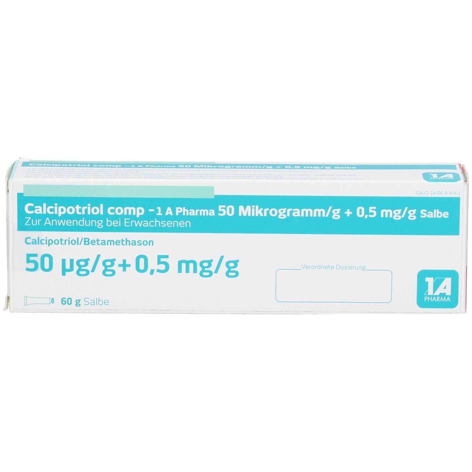 Packung Calcipotriol comp -1A Pharma Salbe 50 µg/g + 0,5 mg/g, 60 g. Mit 1A Pharma Logo.