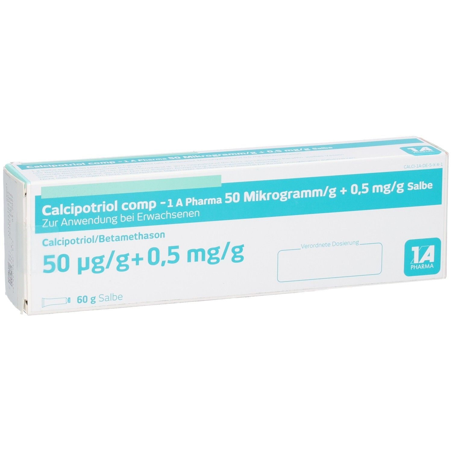 Packung Calcipotriol comp -1A Pharma Salbe 50 µg/g + 0,5 mg/g, 60 g. Mit 1A Pharma Logo.