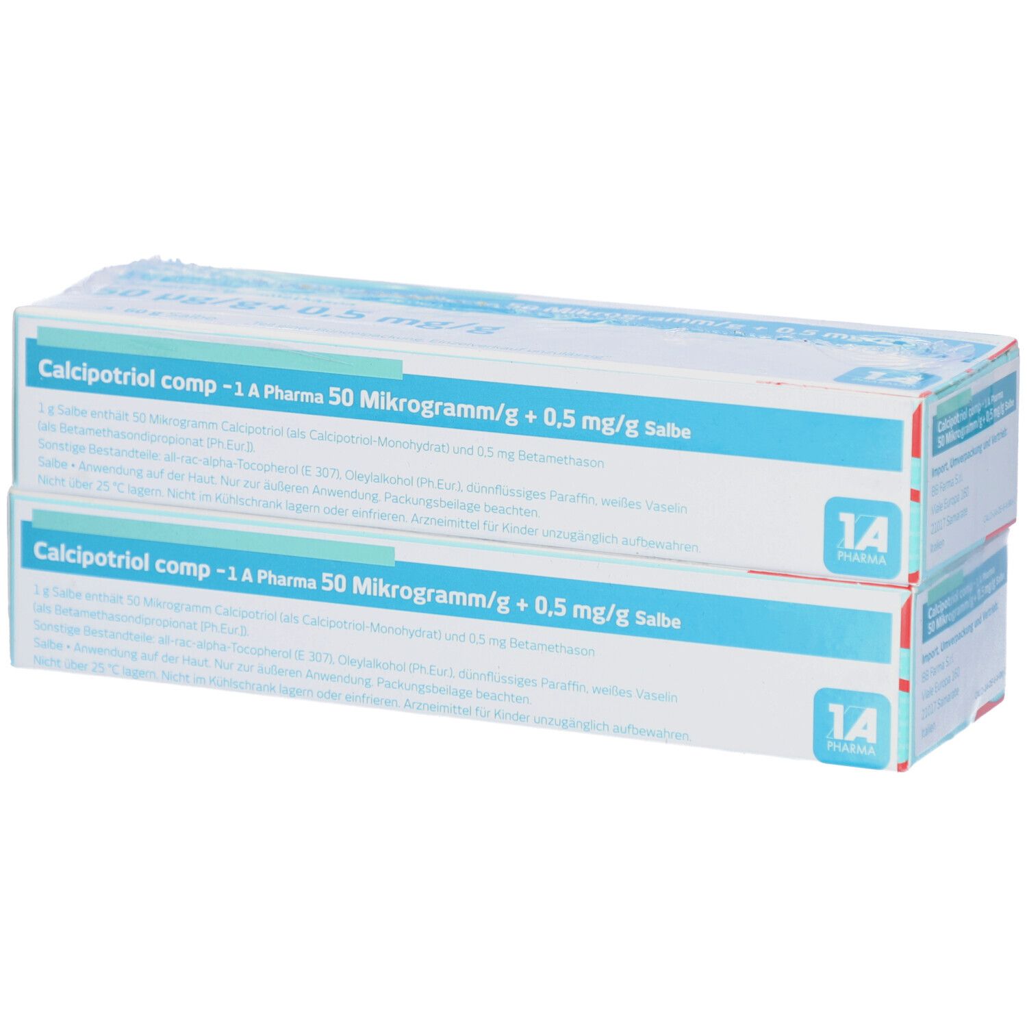 Zwei Kartons CALCIPOTRIOL comp -1A Pharma 50 Mikrogramm/g + 0,5 mg/g Salbe. Weiße Verpackung mit blauer Schrift. 1A Pharma Logo.