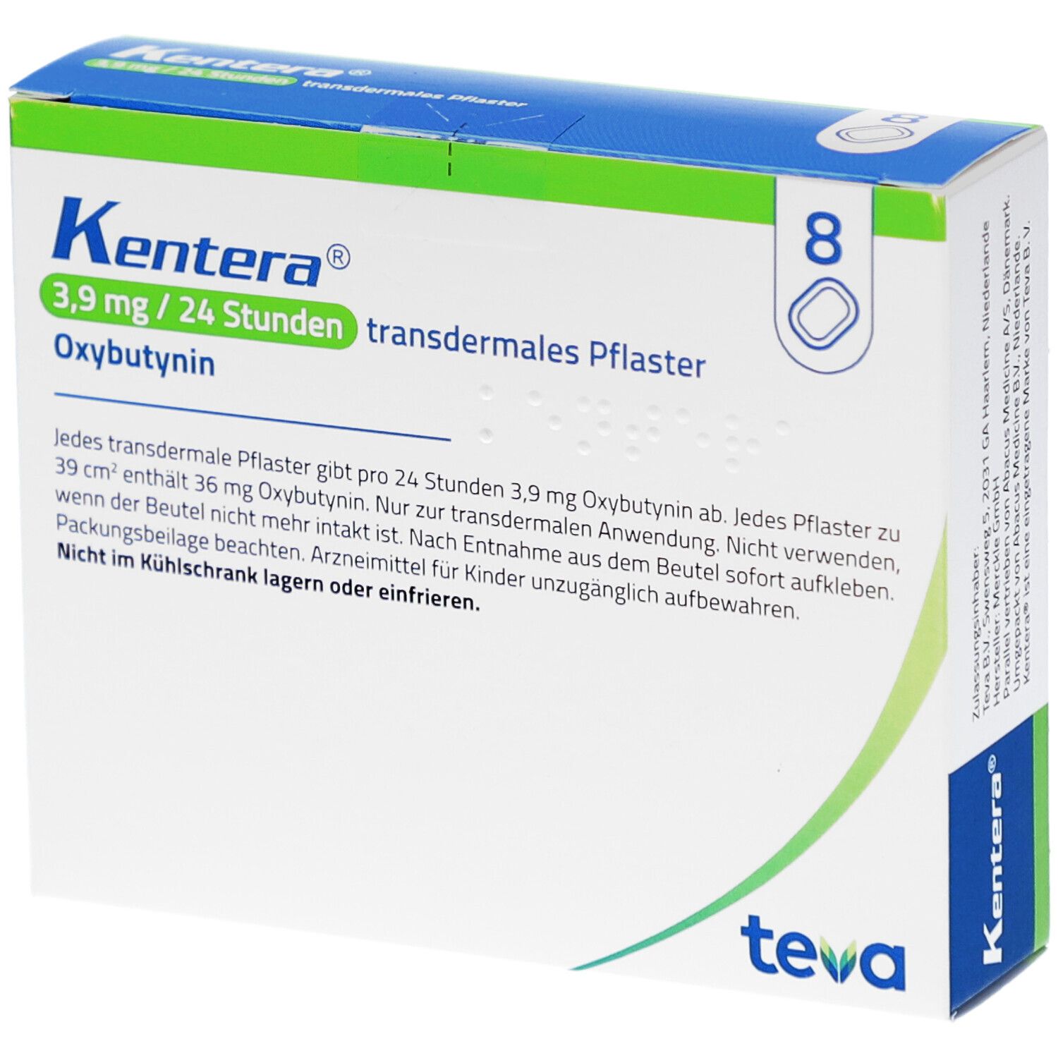 Karton mit Kentera Pflastern. Aufschrift: 3,9 mg / 24 Stunden, transdermales Pflaster. Enthält 8 Pflaster. Teva-Logo.