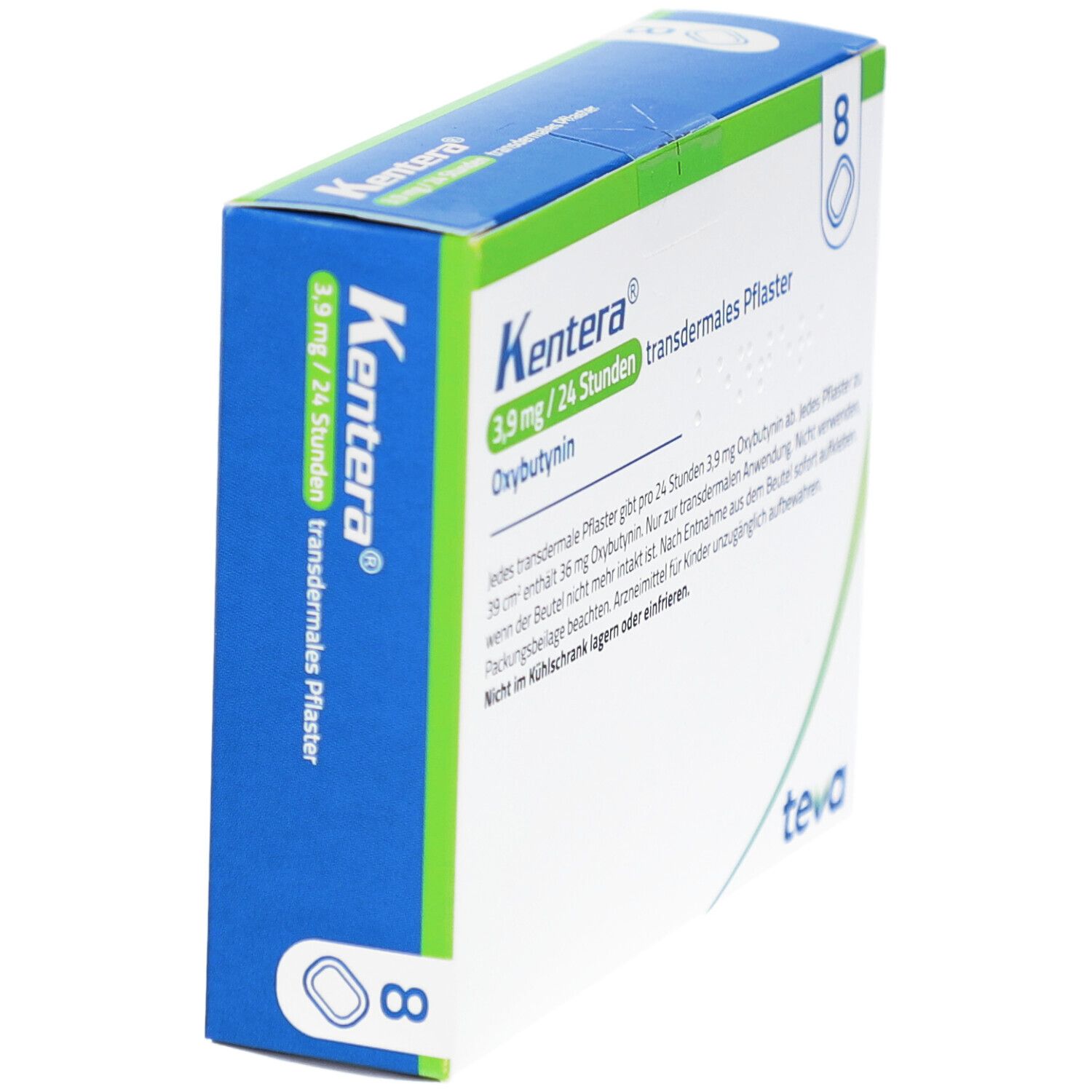 Karton von Kentera, blau-weiß. Aufschrift: 3,9 mg / 24 Stunden, transdermales Pflaster. Enthält 8 Pflaster. Teva-Logo.