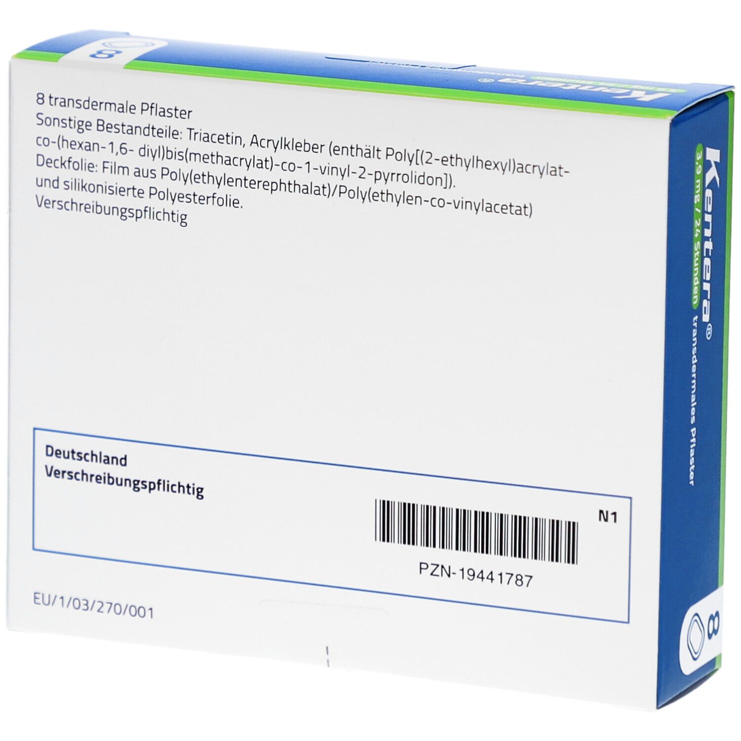 Rückseite der Kentera-Verpackung. Enthält Informationen zu Inhaltsstoffen und Hersteller. Barcode und PZN-Nummer.