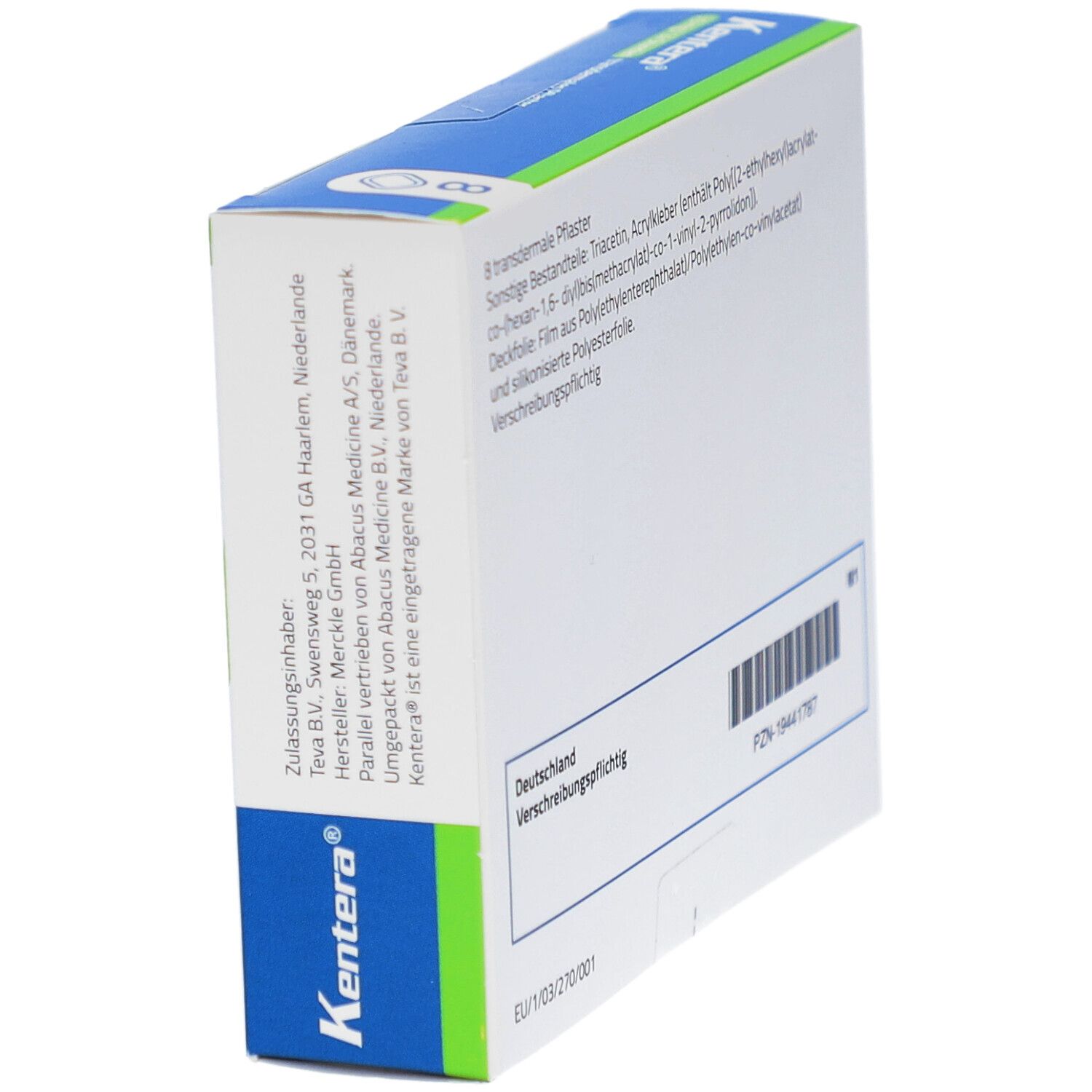Seitenansicht der Kentera-Verpackung. Enthält Informationen zum Hersteller und Zulassung. Barcode.
