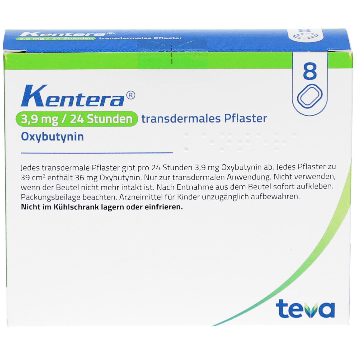 Karton mit Kentera Pflastern. Aufschrift: 3,9 mg / 24 Stunden, transdermales Pflaster. Enthält 8 Pflaster. Teva-Logo.