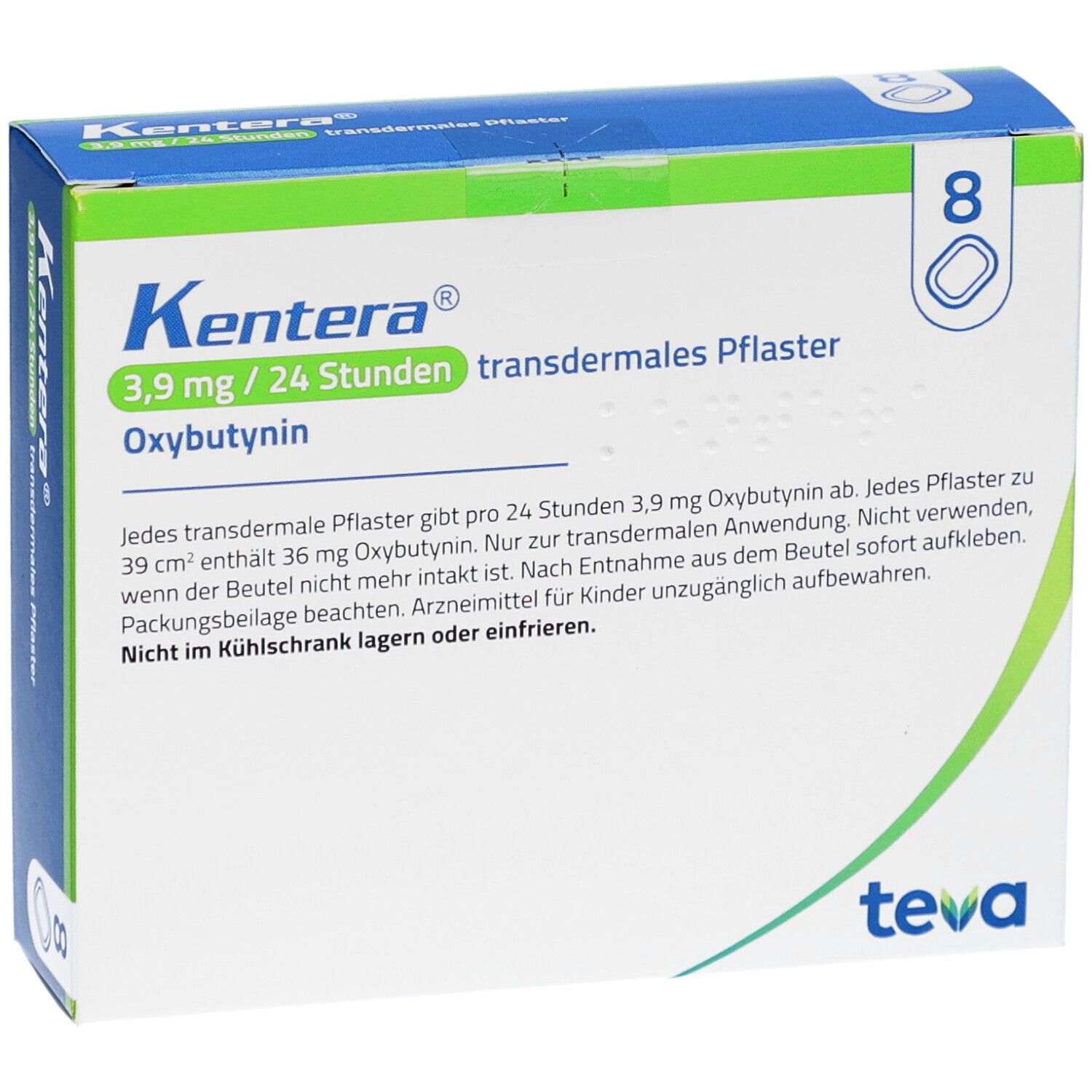 Karton mit Kentera Pflastern. Aufschrift: 3,9 mg / 24 Stunden, transdermales Pflaster. Enthält 8 Pflaster. Teva-Logo.