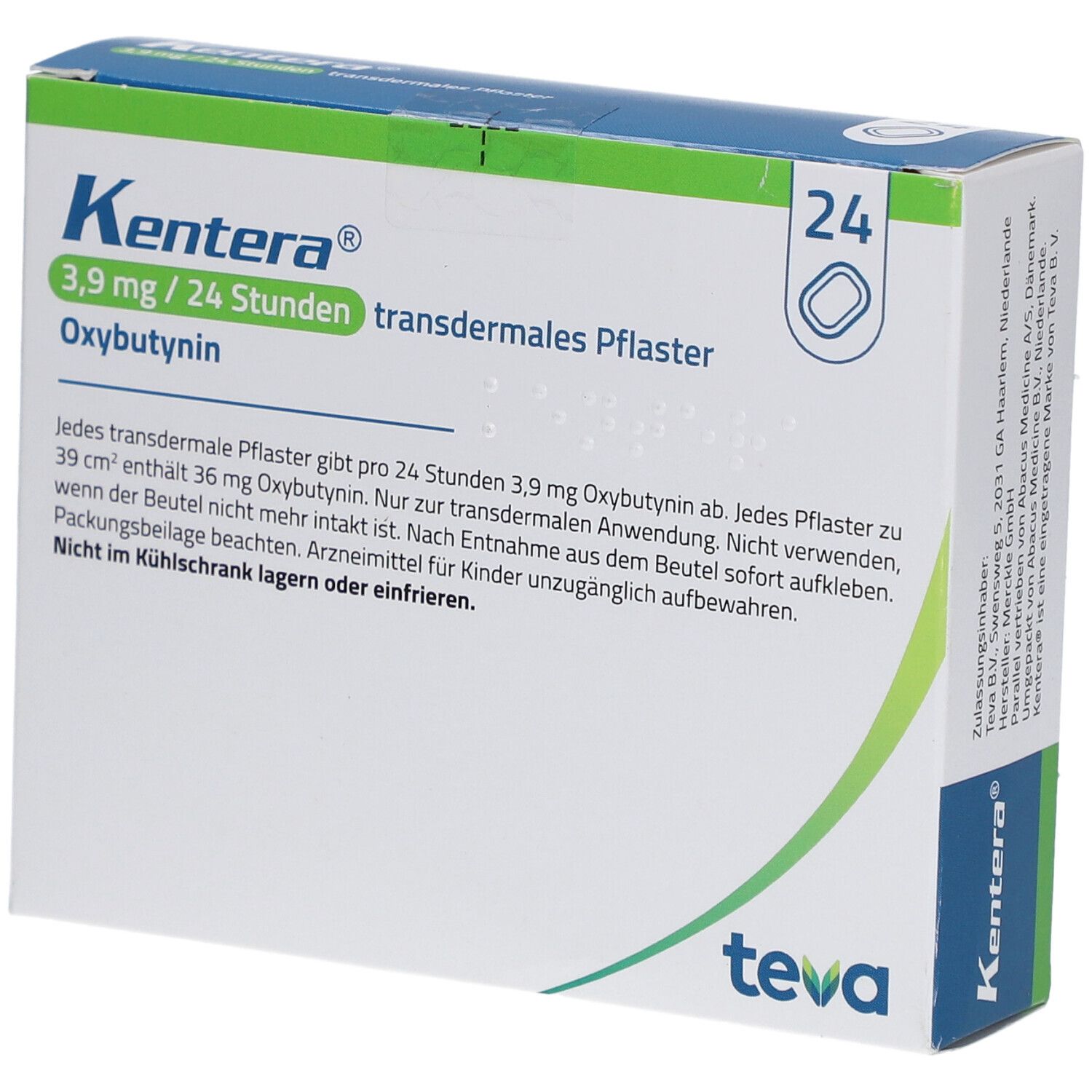 Karton mit KENTERA 3,9 mg/24 Stunden transdermale Pflaster. Enthält 24 Pflaster. Teva-Logo.