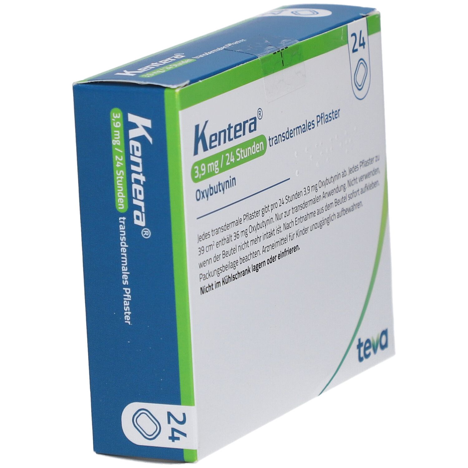 Schräg gestellte Verpackung von KENTERA 3,9 mg/24 Stunden transdermale Pflaster. Enthält 24 Pflaster. Teva-Logo.