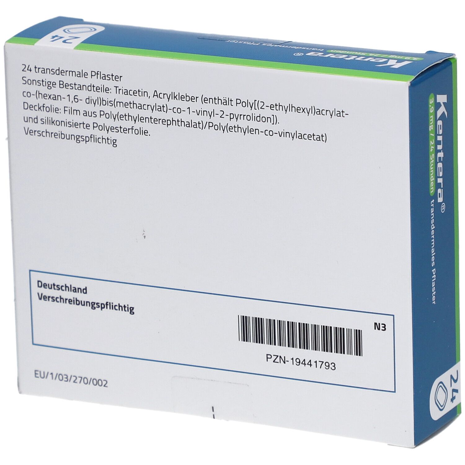 Rückseite der KENTERA 3,9 mg/24 Stunden transdermale Pflaster-Verpackung. Enthält Informationen und Barcode.
