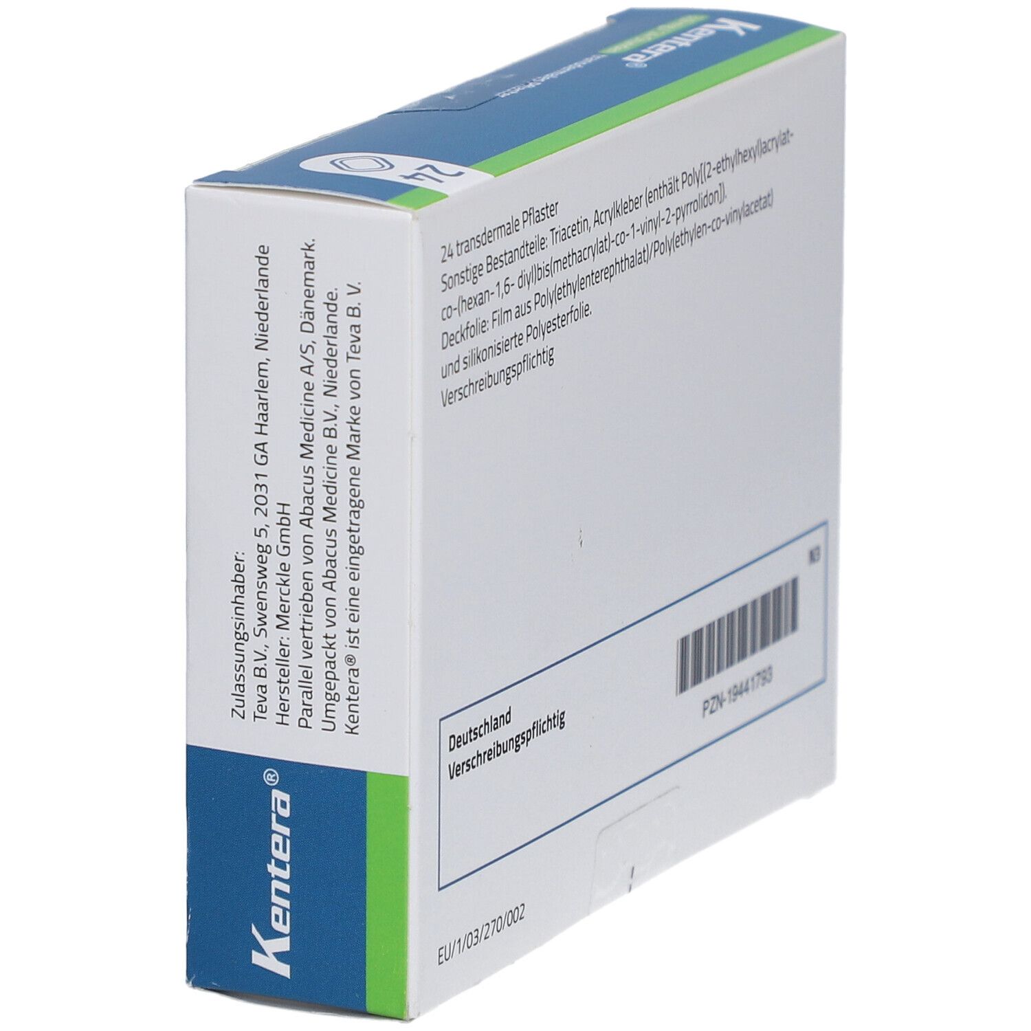 Rückseite der KENTERA 3,9 mg/24 Stunden transdermale Pflaster-Verpackung. Enthält Informationen und Barcode.