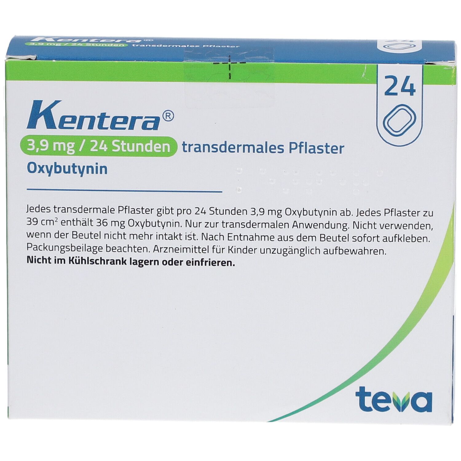 Karton mit KENTERA 3,9 mg/24 Stunden transdermale Pflaster. Enthält 24 Pflaster. Teva-Logo.