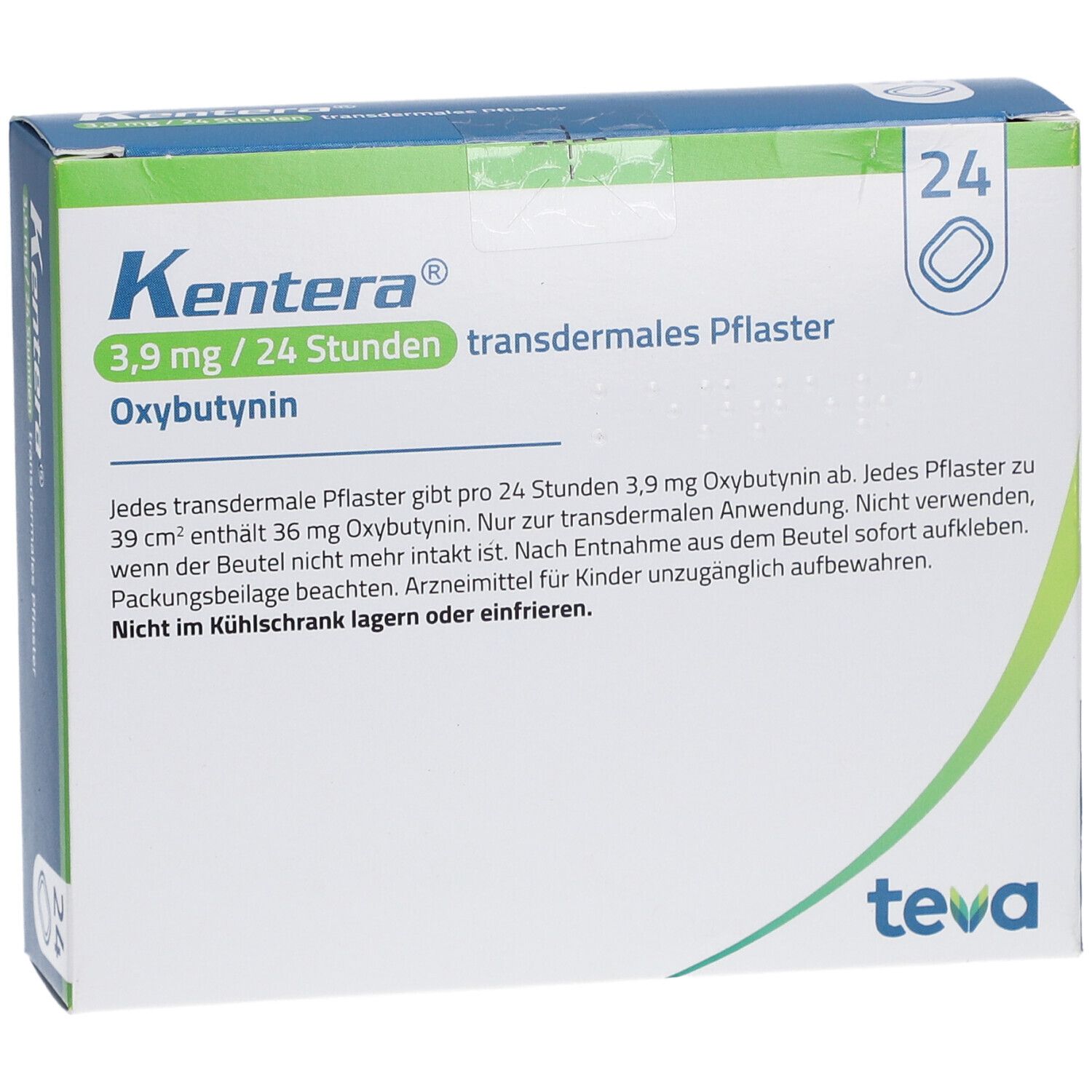 Karton mit KENTERA 3,9 mg/24 Stunden transdermale Pflaster. Enthält 24 Pflaster. Teva-Logo.