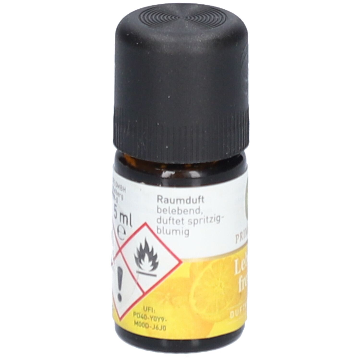 Braune Glasflasche mit schwarzem Deckel. Etikett mit Warnsymbolen und "5 ml".