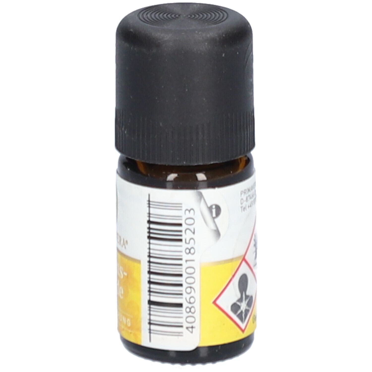 Braune Glasflasche mit schwarzem Deckel. Etikett mit Warnsymbolen und Barcode.